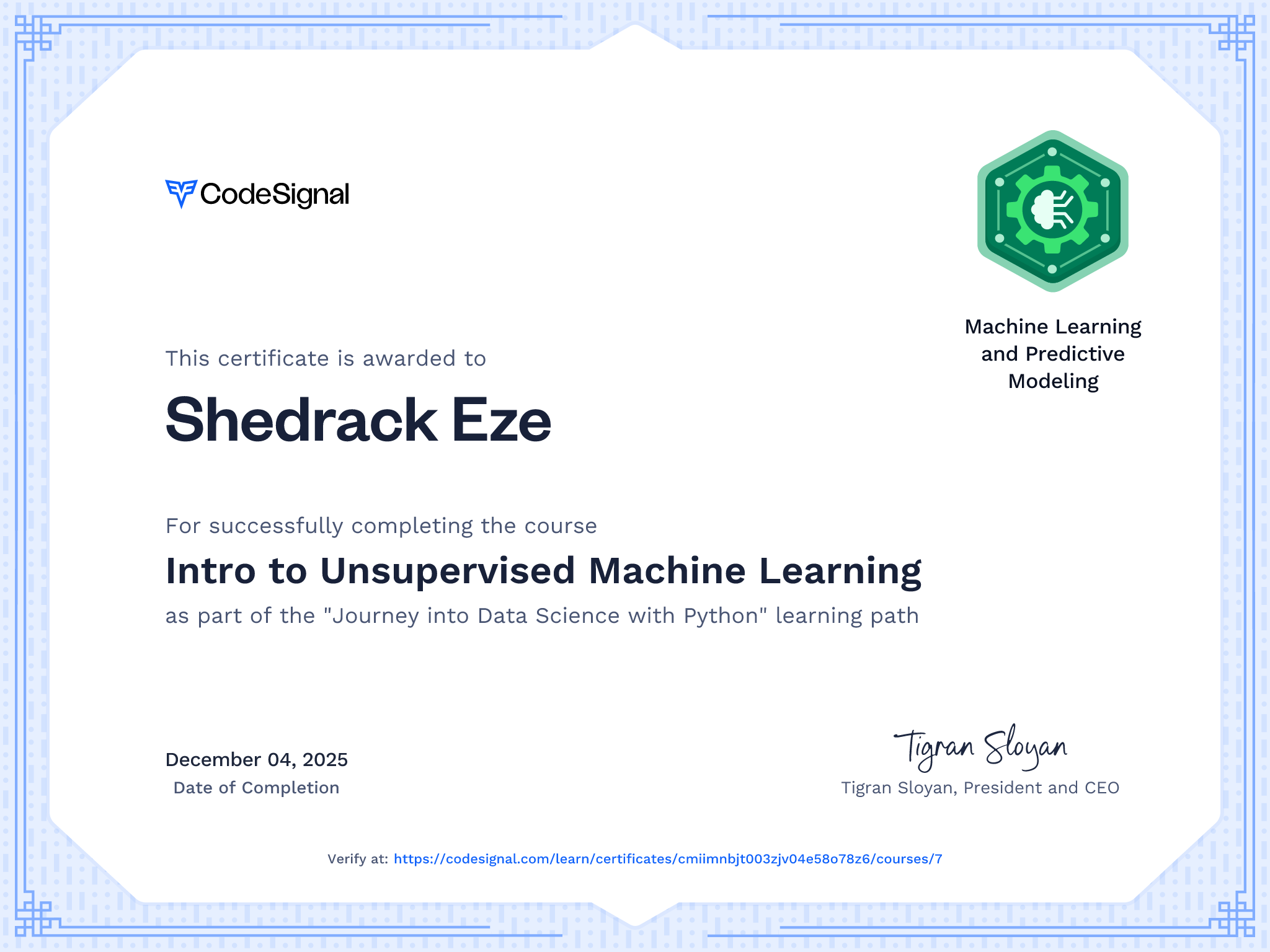 Course Certificate for Intro to Unsupervised Machine Learning