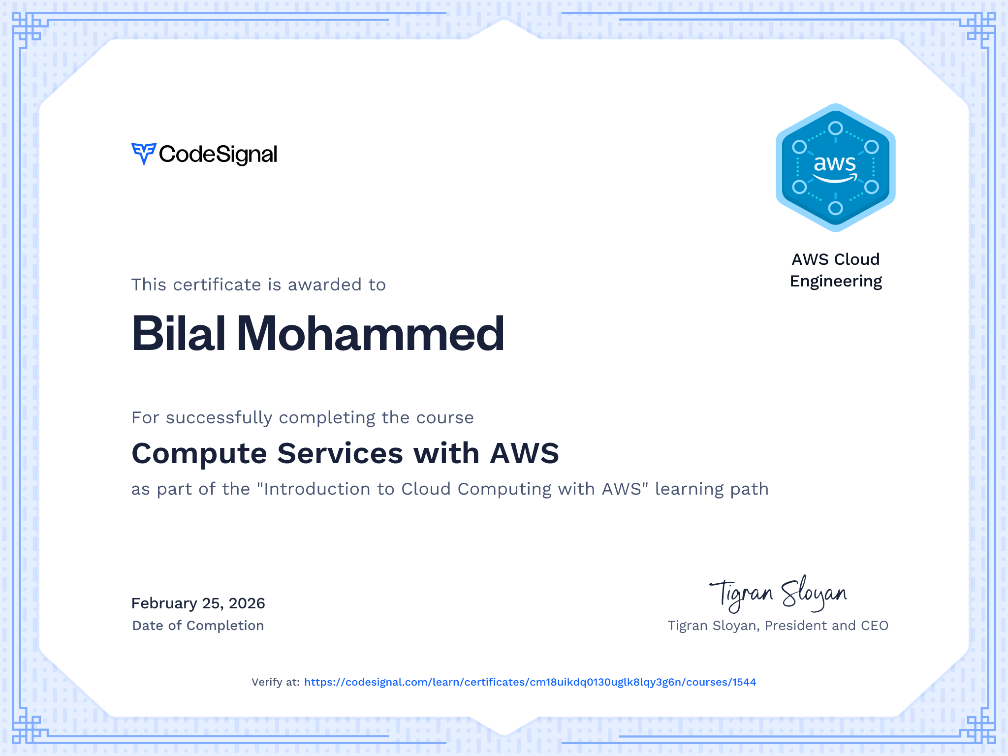 Course certificate for Compute Services with AWS | CodeSignal Learn