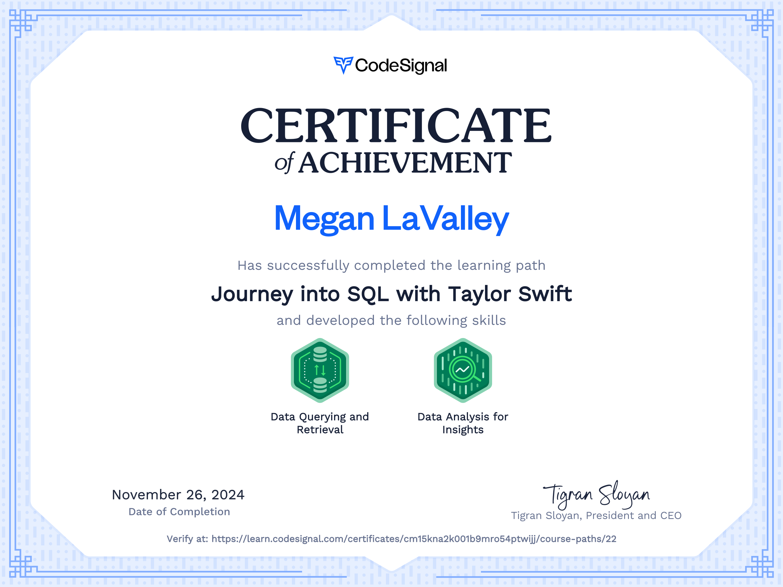 Path Certificate for Journey into SQL with Taylor Swift