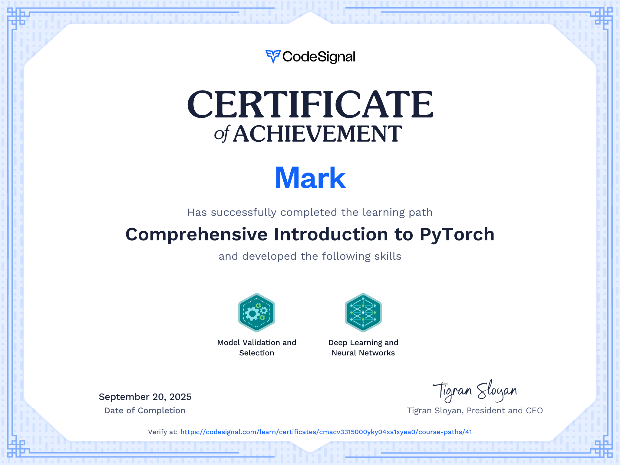 Path Certificate for Comprehensive Introduction to PyTorch