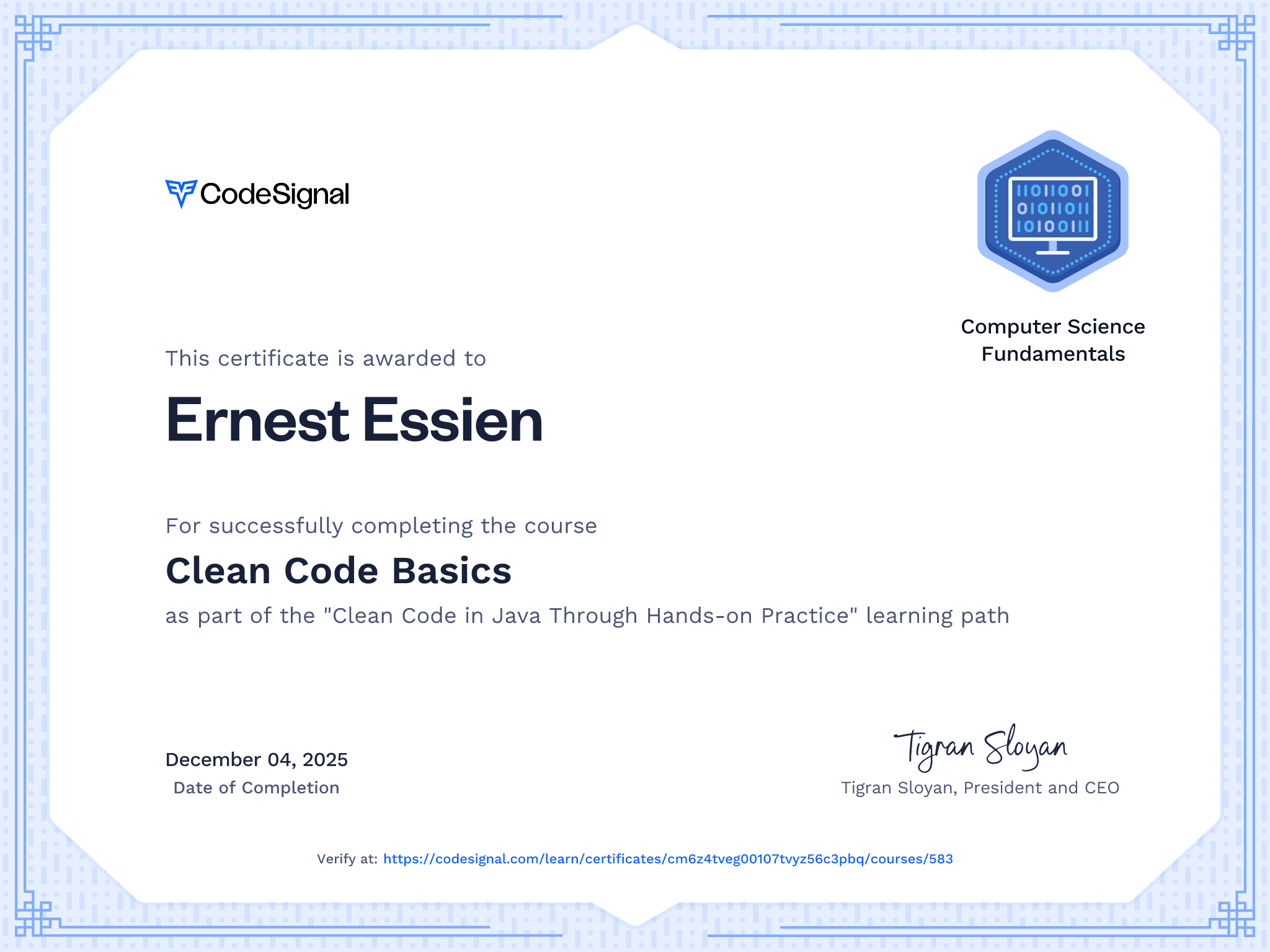 Course certificate for Clean Code Basics | CodeSignal Learn