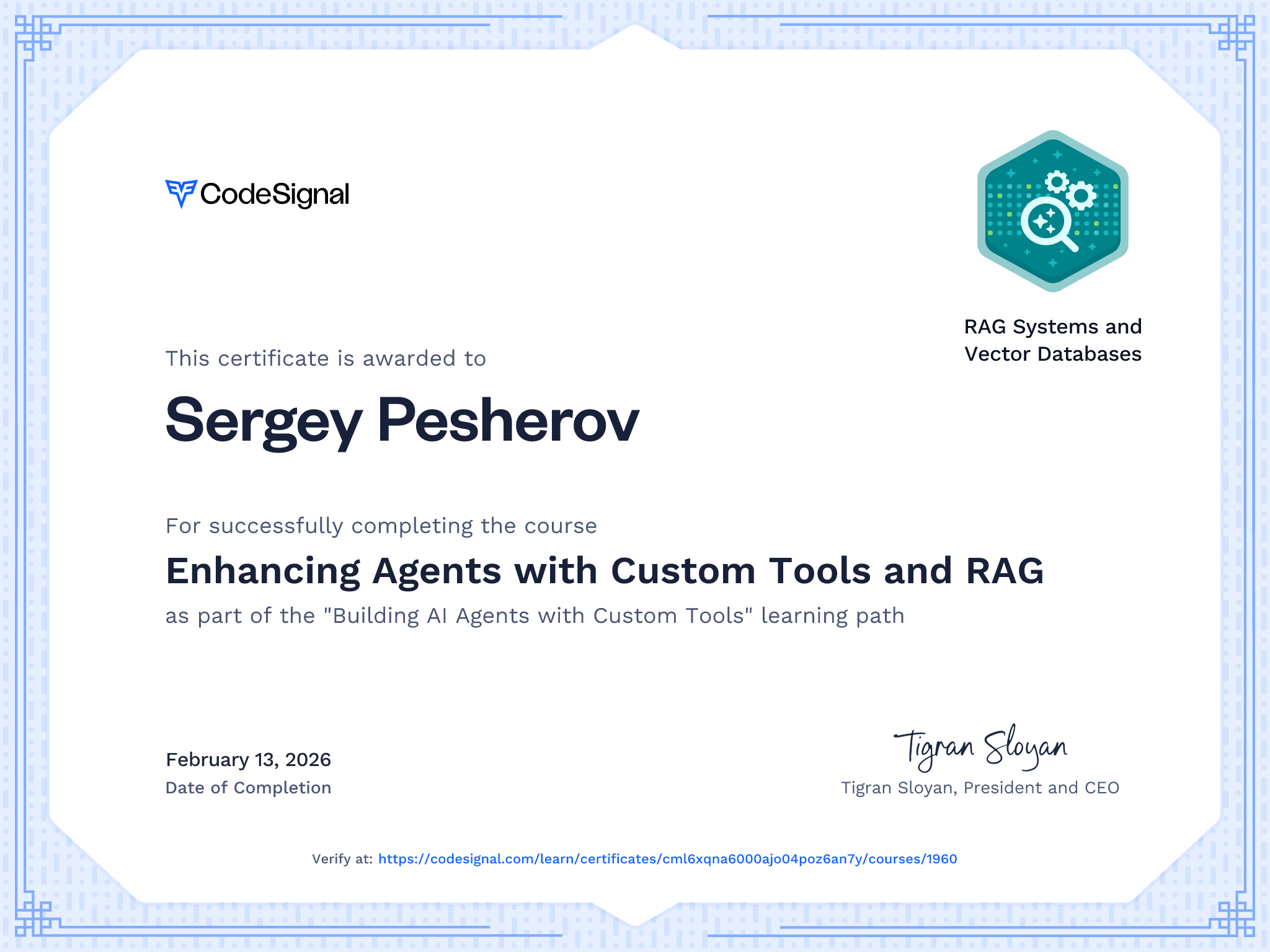 Course Certificate for Enhancing Agents with Custom Tools and RAG