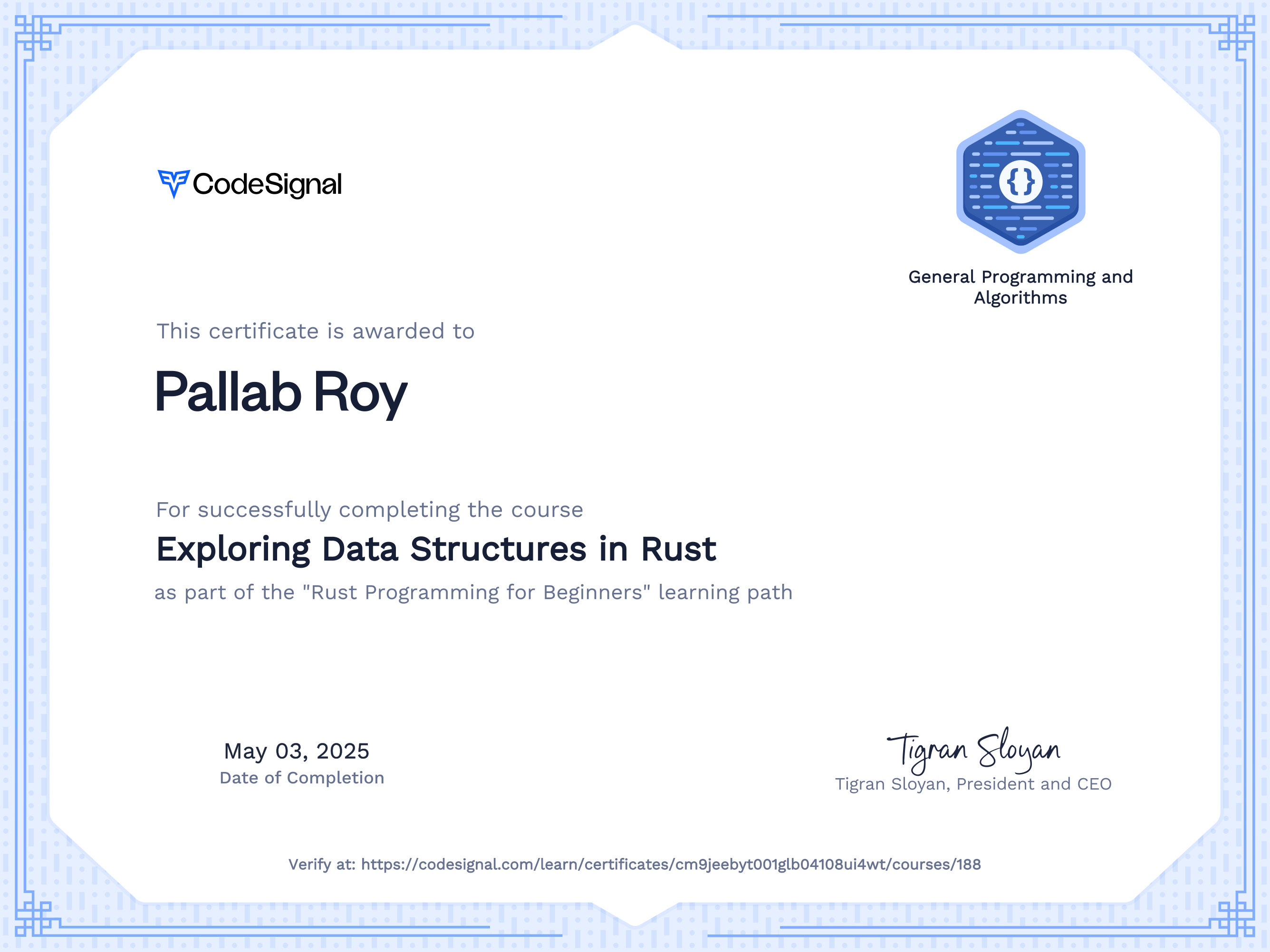 Course Certificate for Exploring Data Structures in Rust