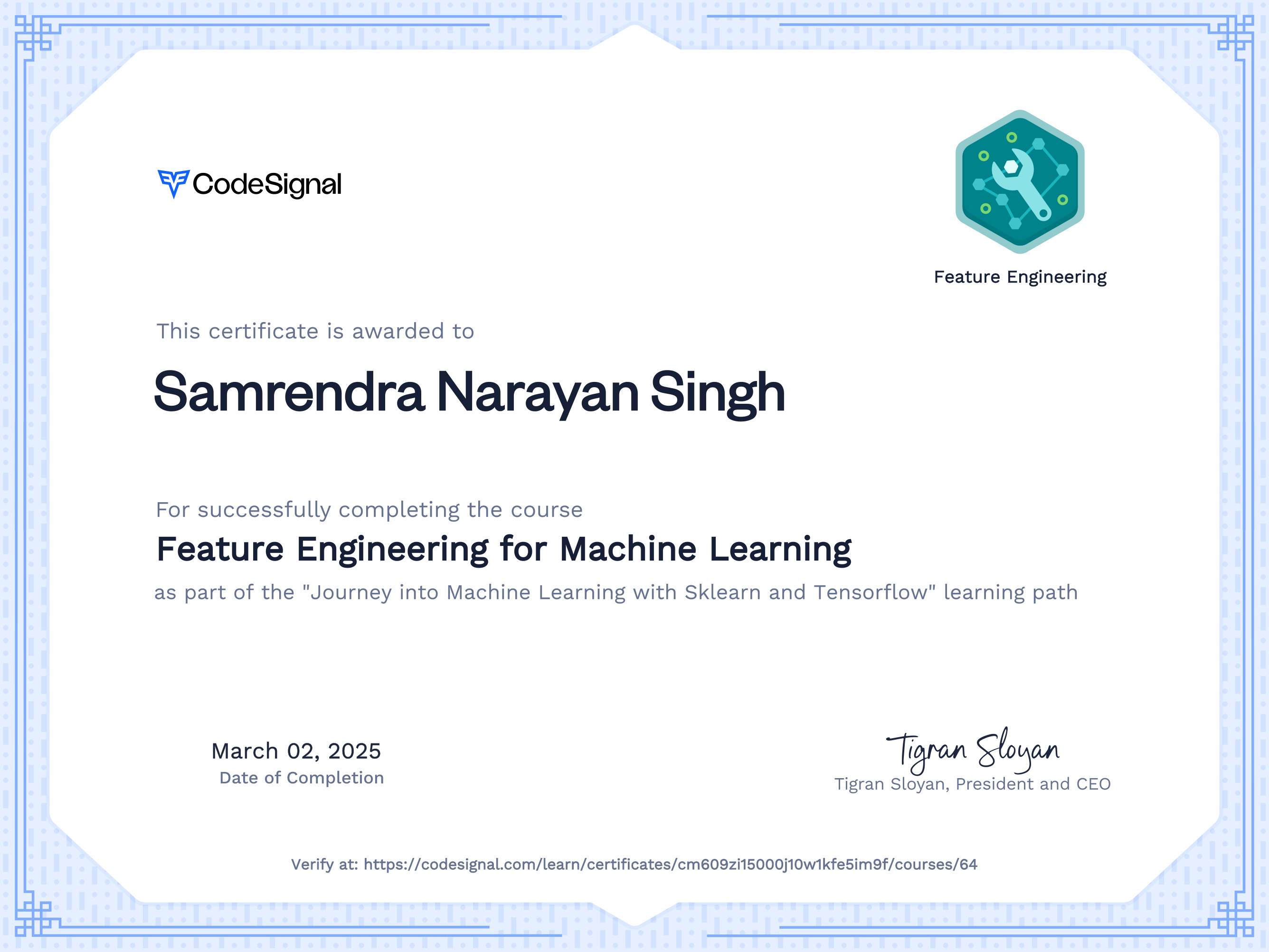 Course certificate for Feature Engineering for Machine Learning ...