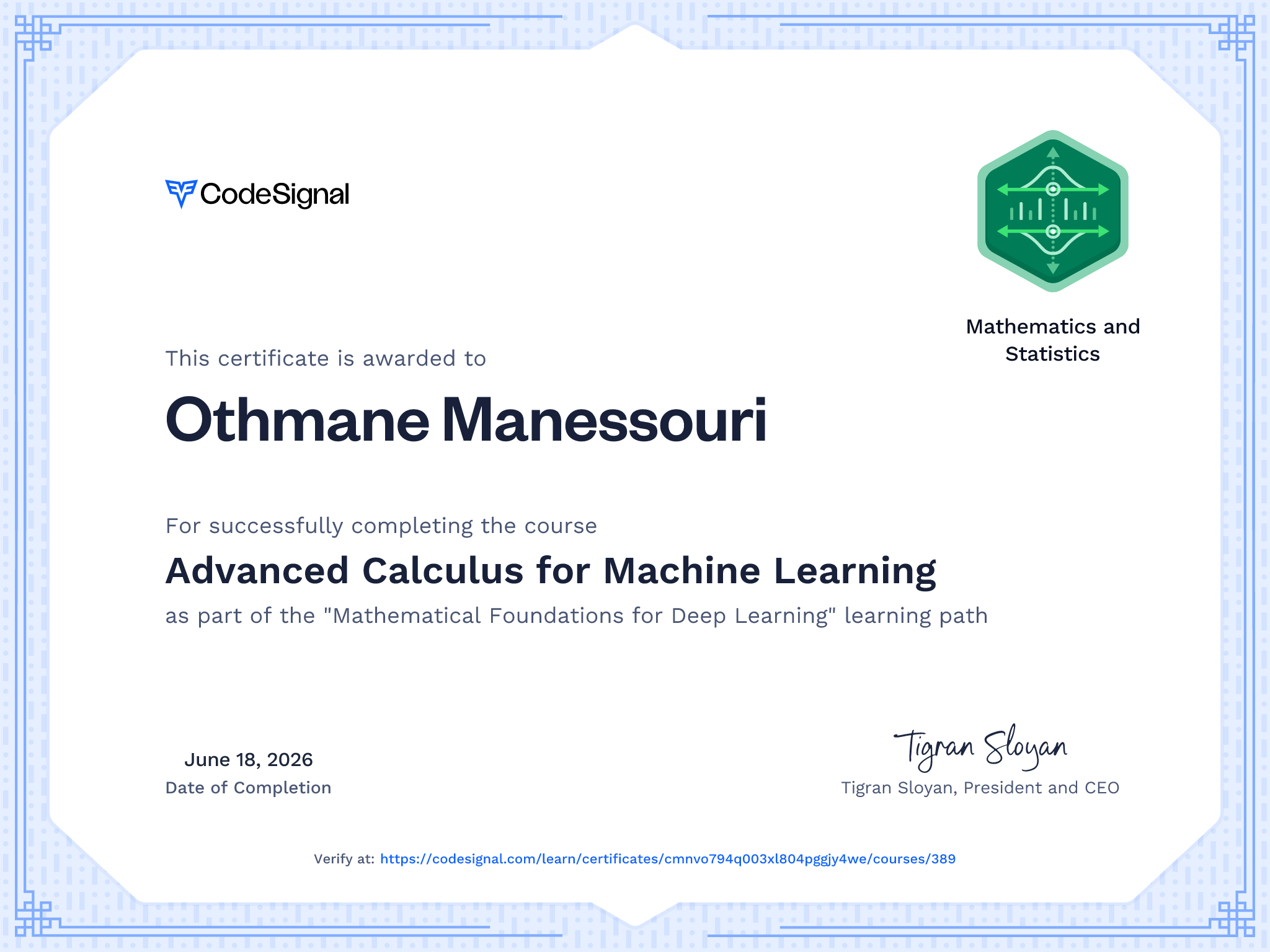Course Certificate for Advanced Calculus for Machine Learning