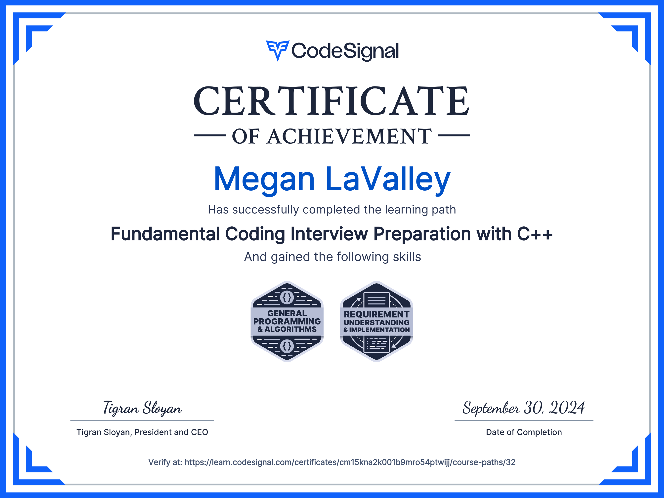 Path Certificate for Fundamental Coding Interview Preparation with C++