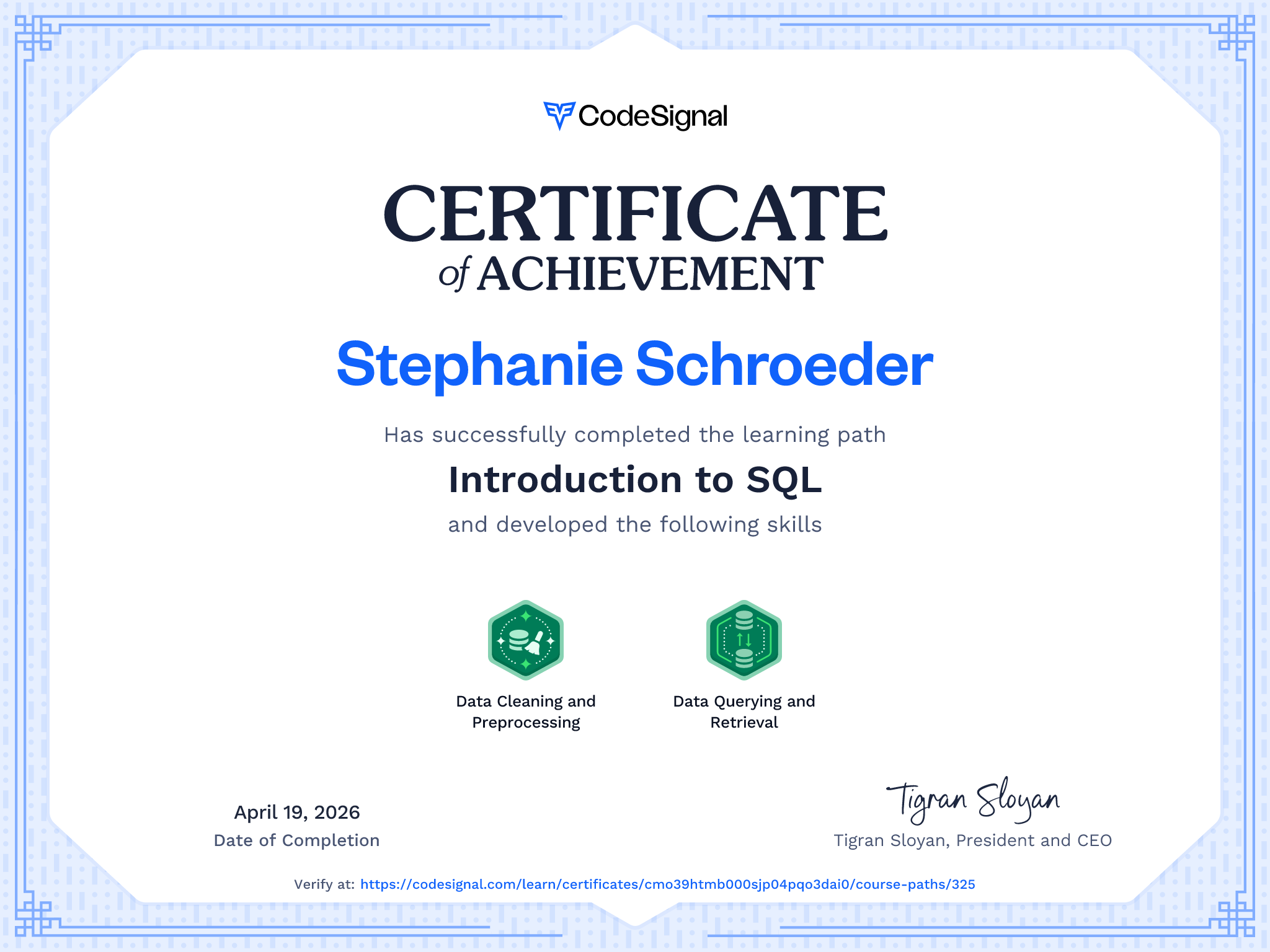 Path certificate for Introduction to SQL | CodeSignal Learn