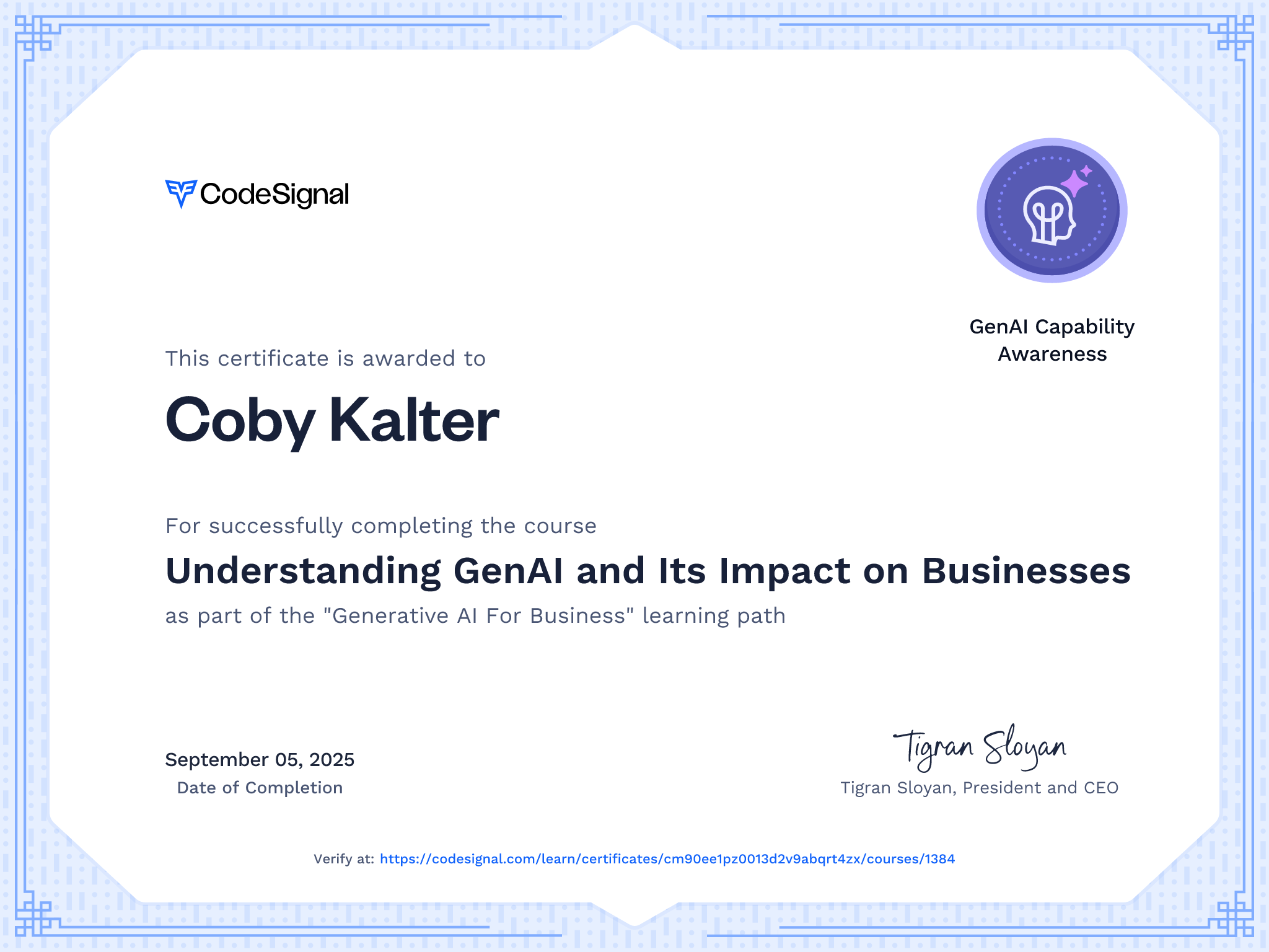 Course Certificate for Understanding GenAI and Its Impact on Businesses