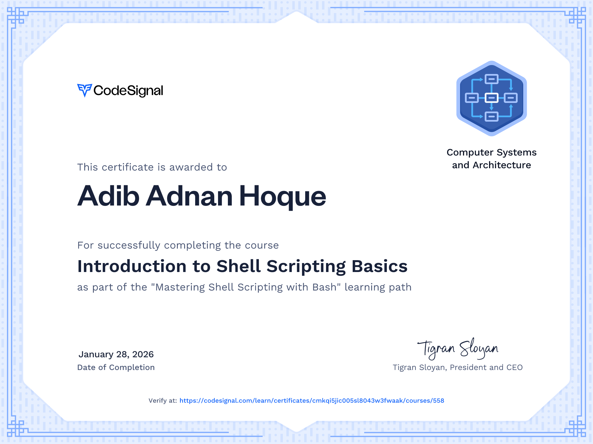 Course Certificate for Introduction to Shell Scripting Basics