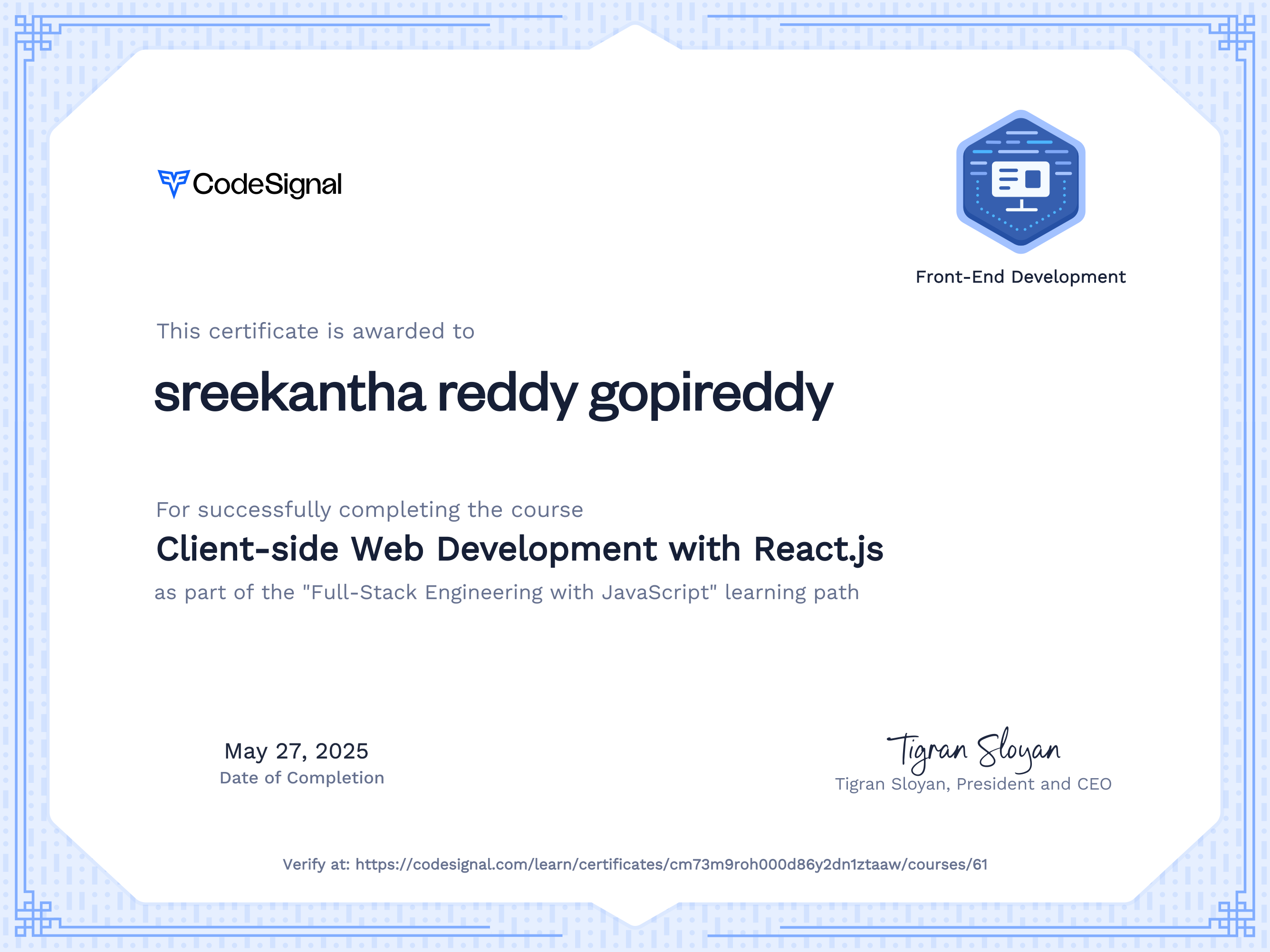 Course Certificate for Client-side Web Development with React.js