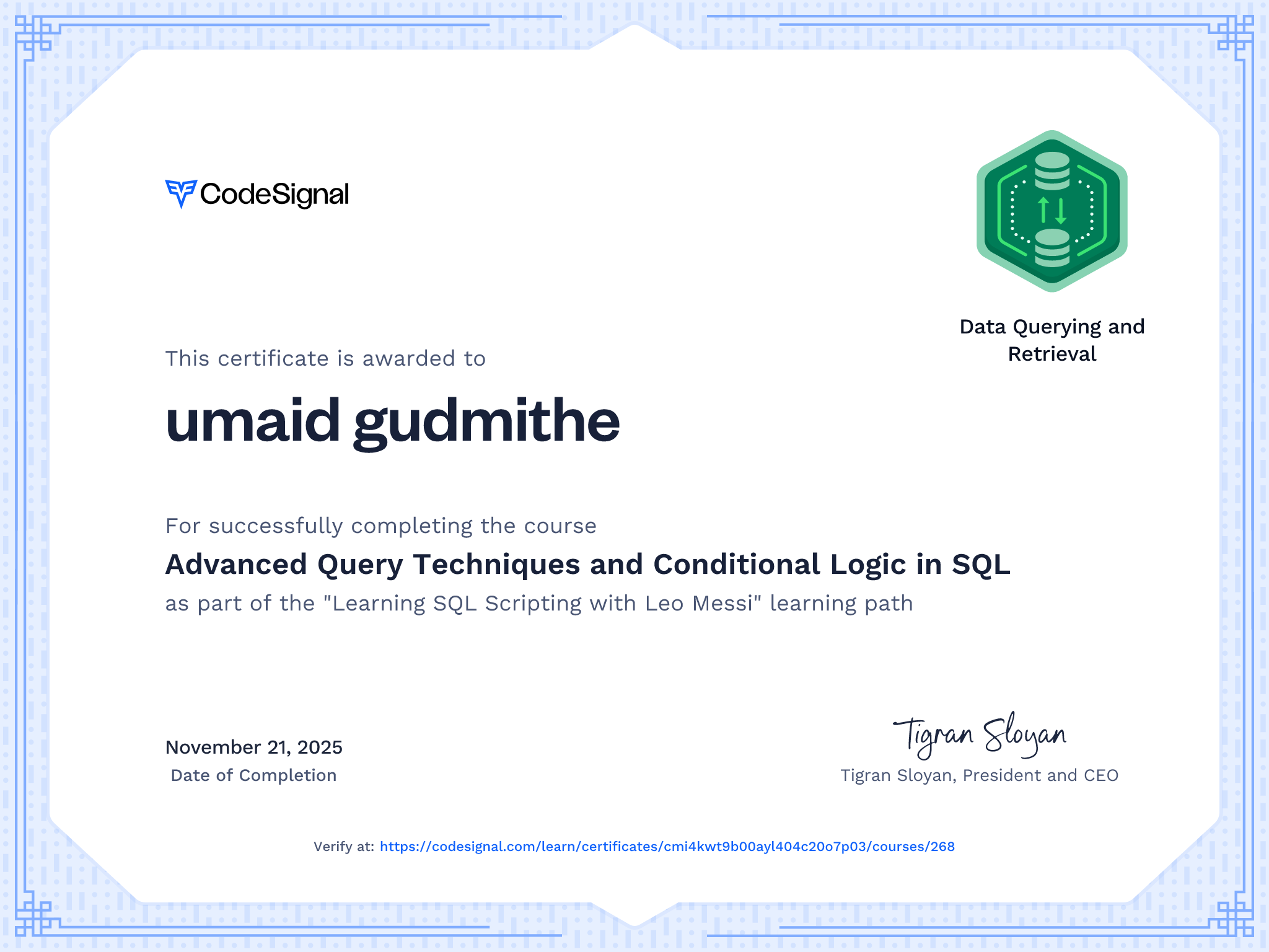 Course certificate for Advanced Query Techniques and Conditional Logic ...