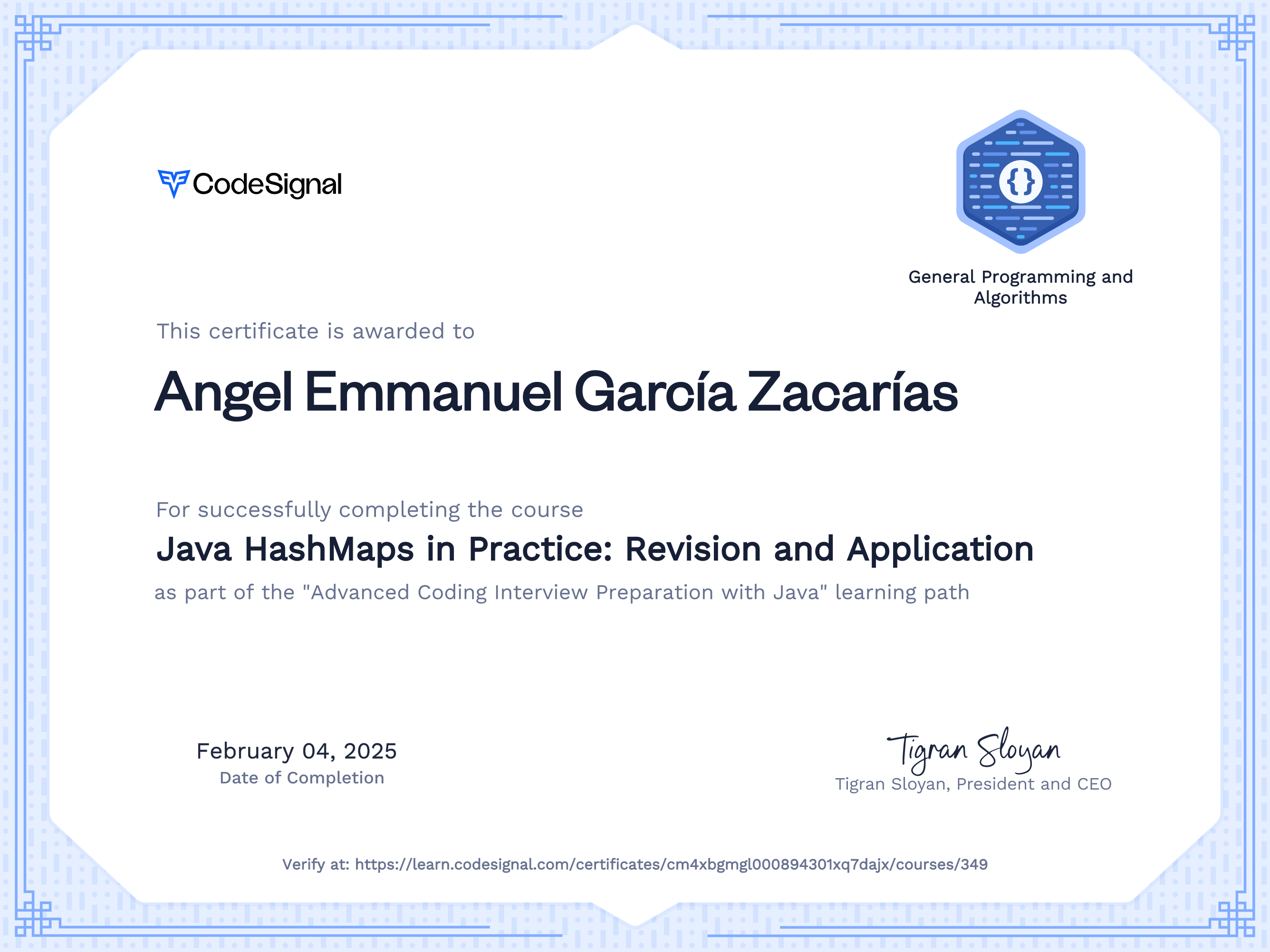 Course certificate for Java HashMaps in Practice: Revision and ...