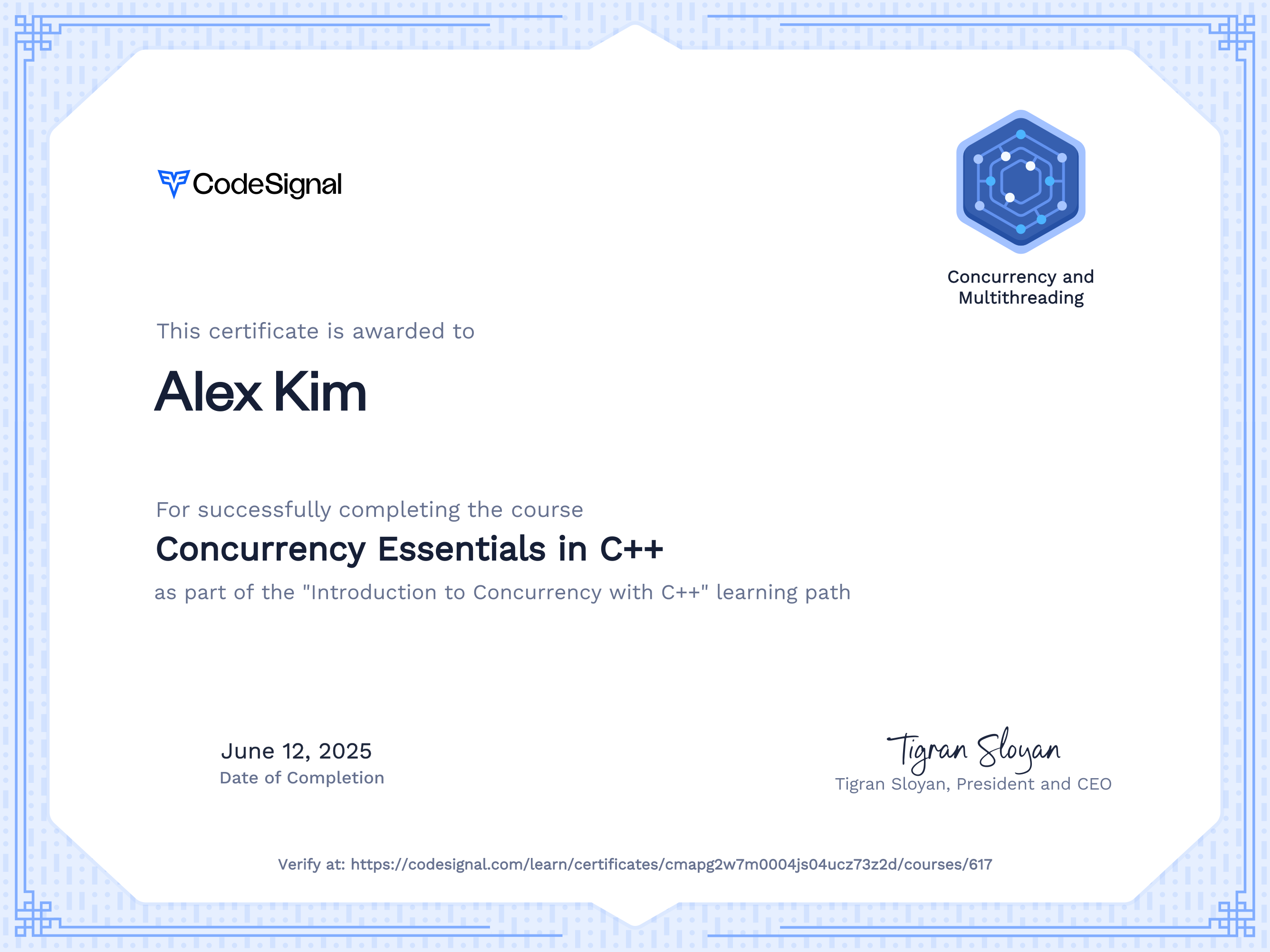 Course certificate for Concurrency Essentials in C++ | CodeSignal Learn