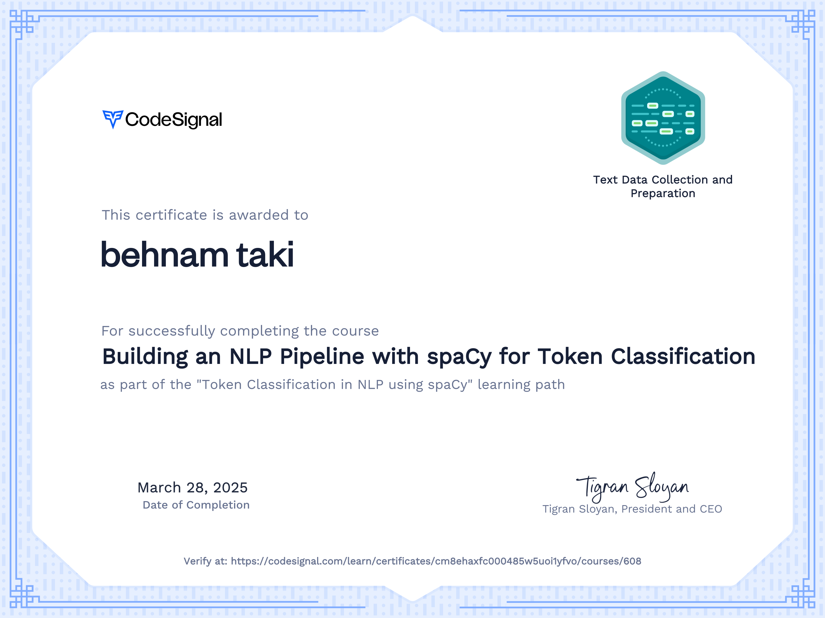 Course Certificate for Building an NLP Pipeline with spaCy for Token Classification