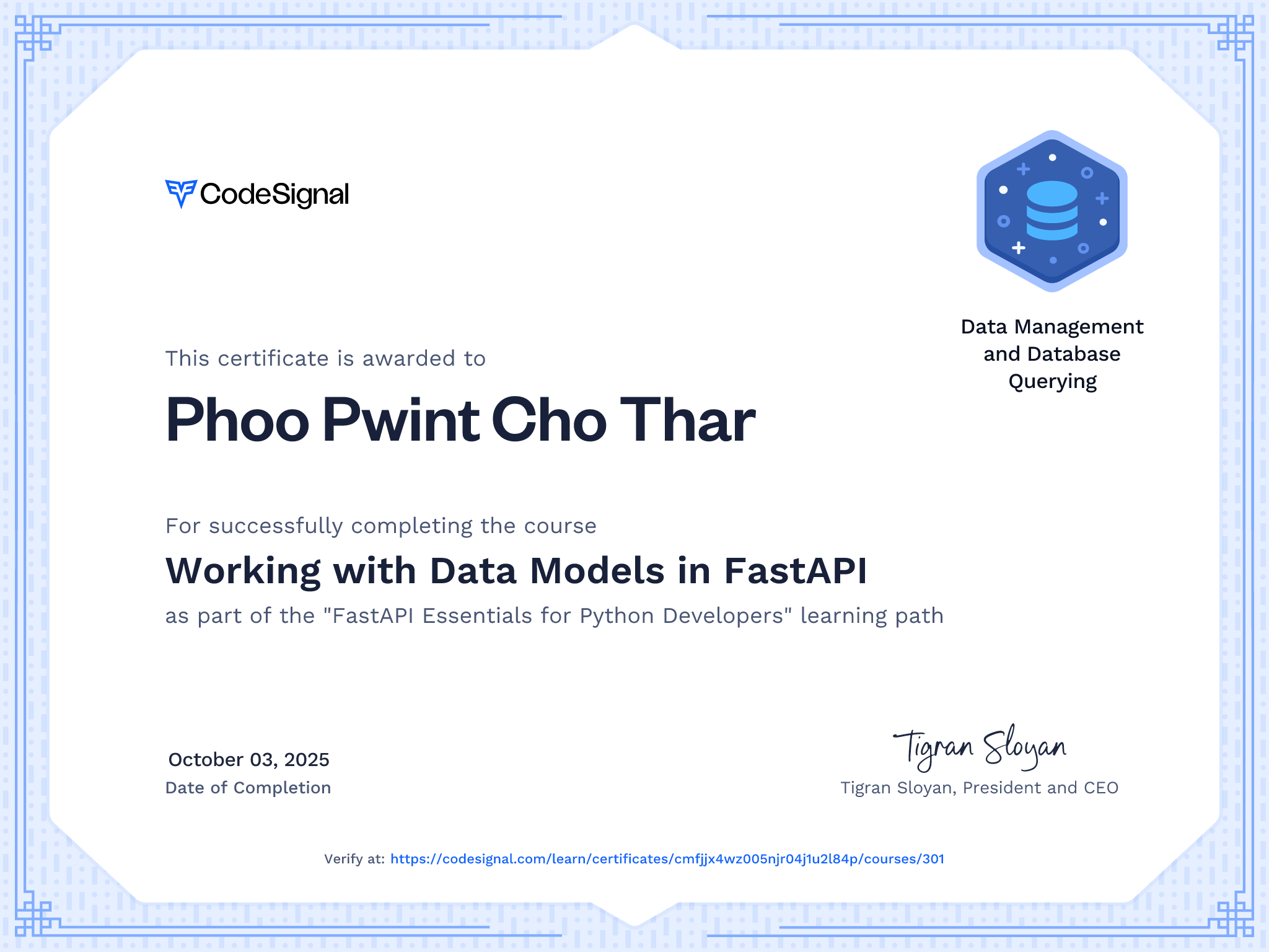 Course certificate for Working with Data Models in FastAPI | CodeSignal ...
