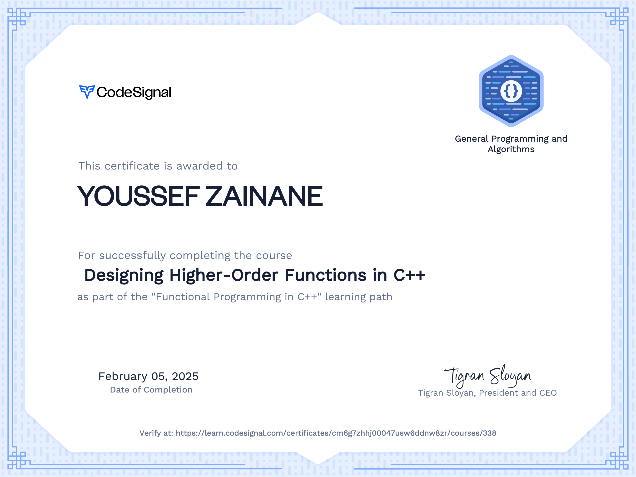Course certificate for Designing Higher-Order Functions in C++ ...