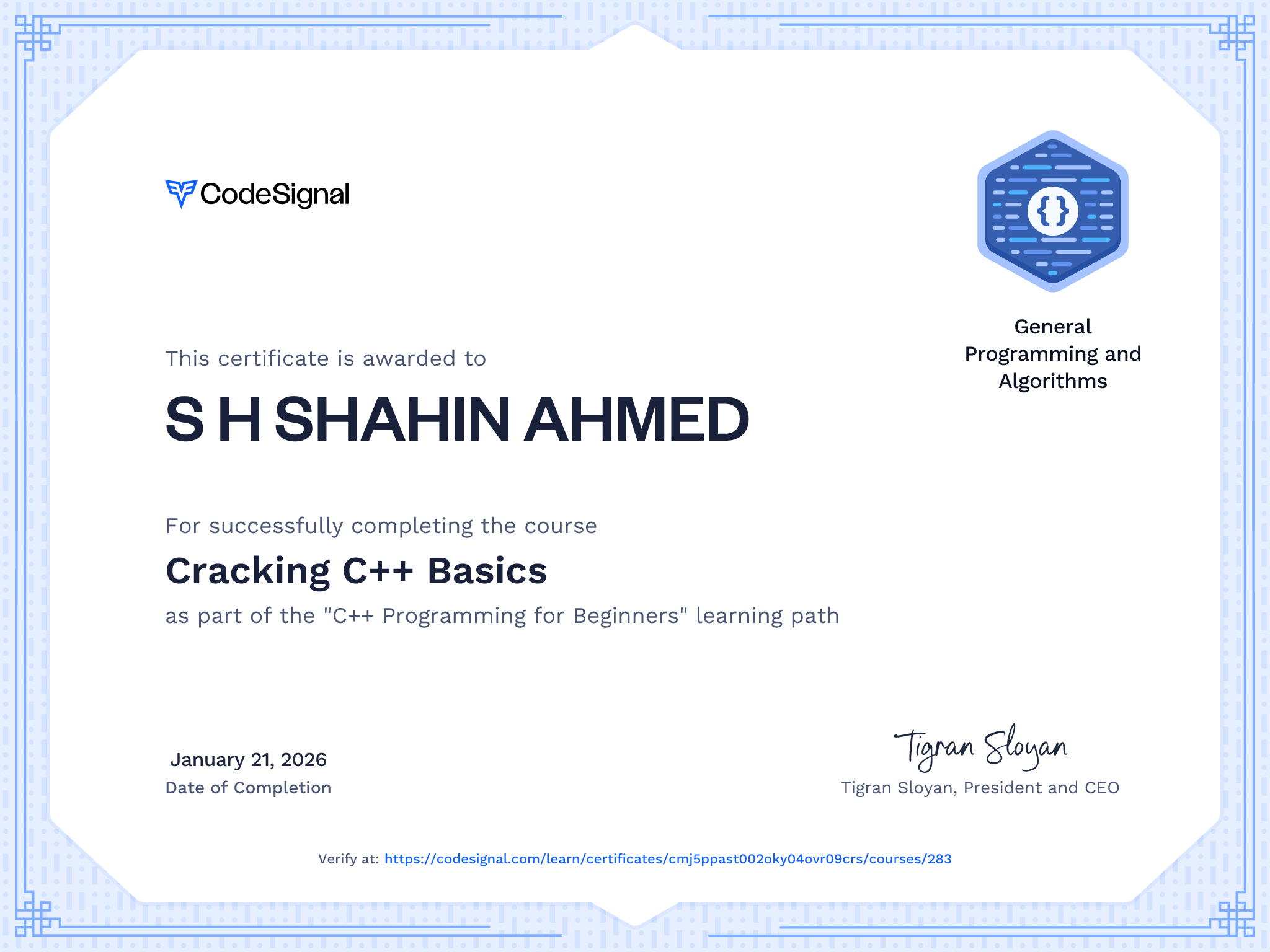 Course certificate for Cracking C++ Basics | CodeSignal Learn