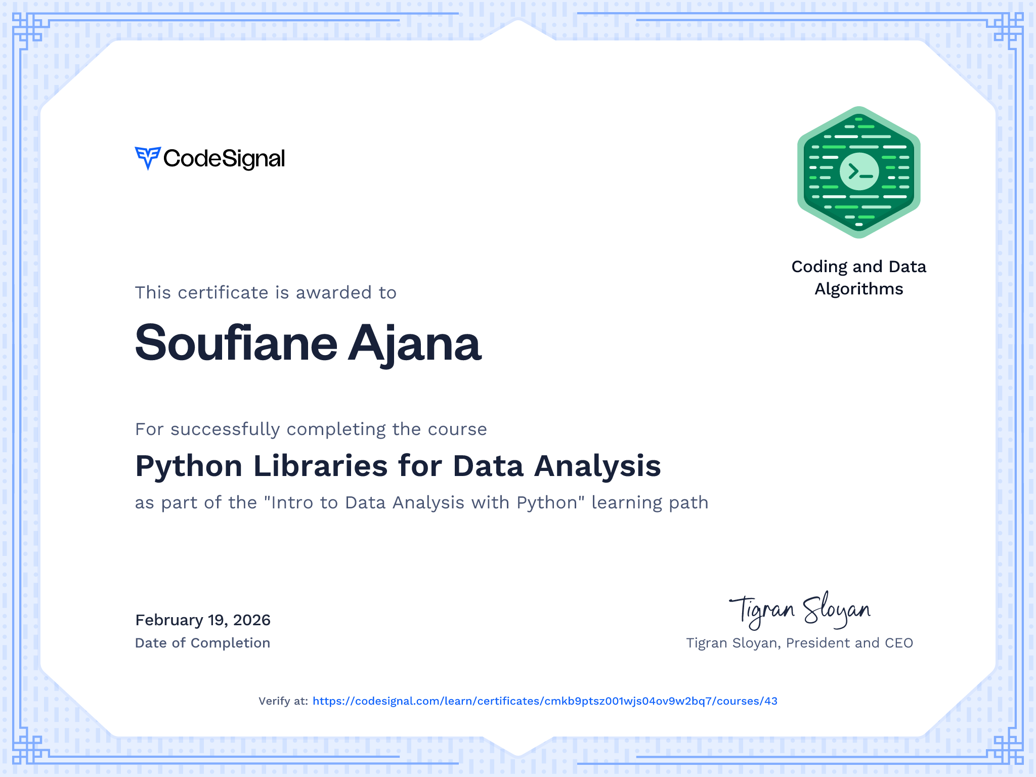 Course certificate for Python Libraries for Data Analysis | CodeSignal ...
