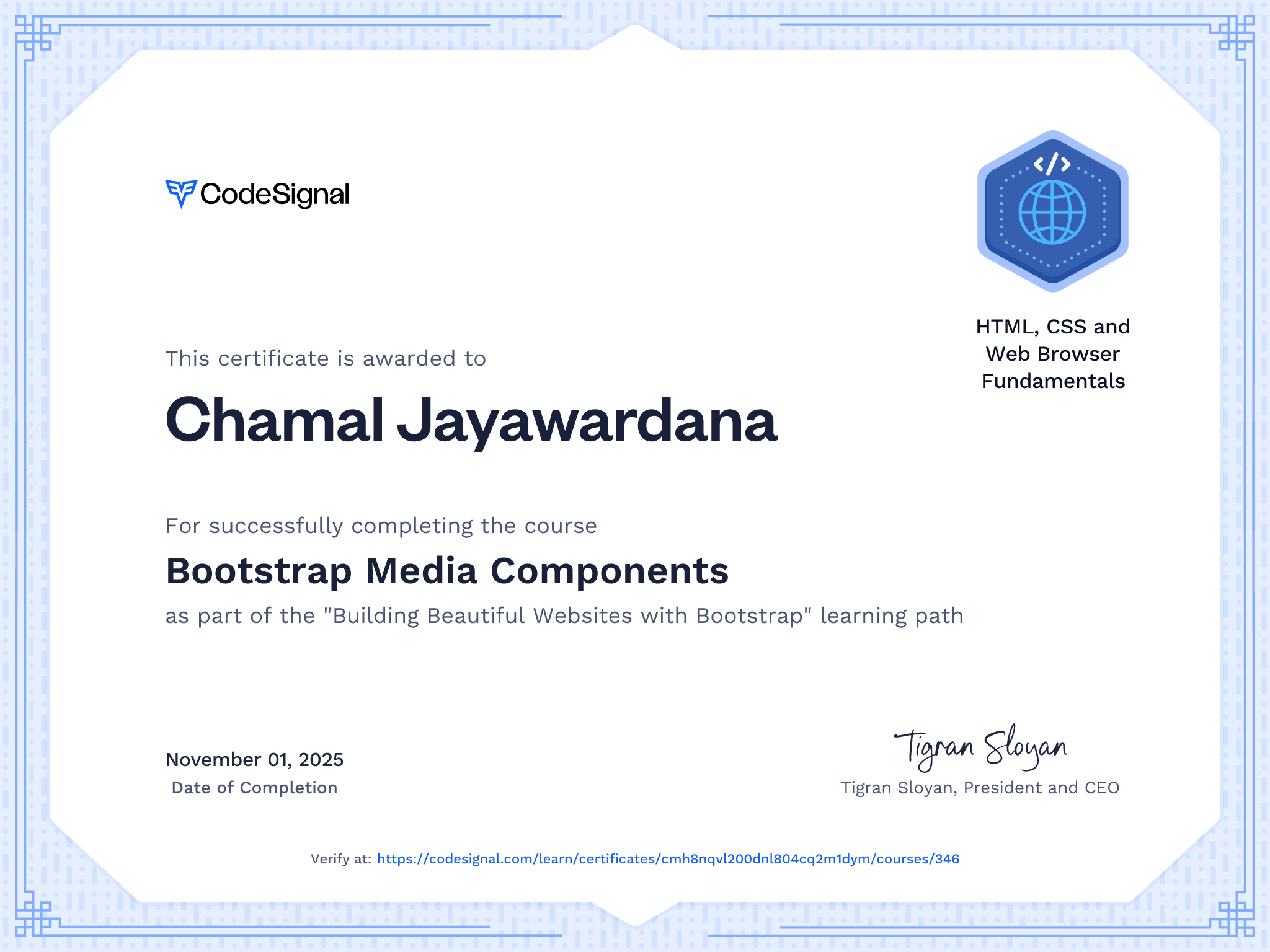 Course certificate for Bootstrap Media Components | CodeSignal Learn