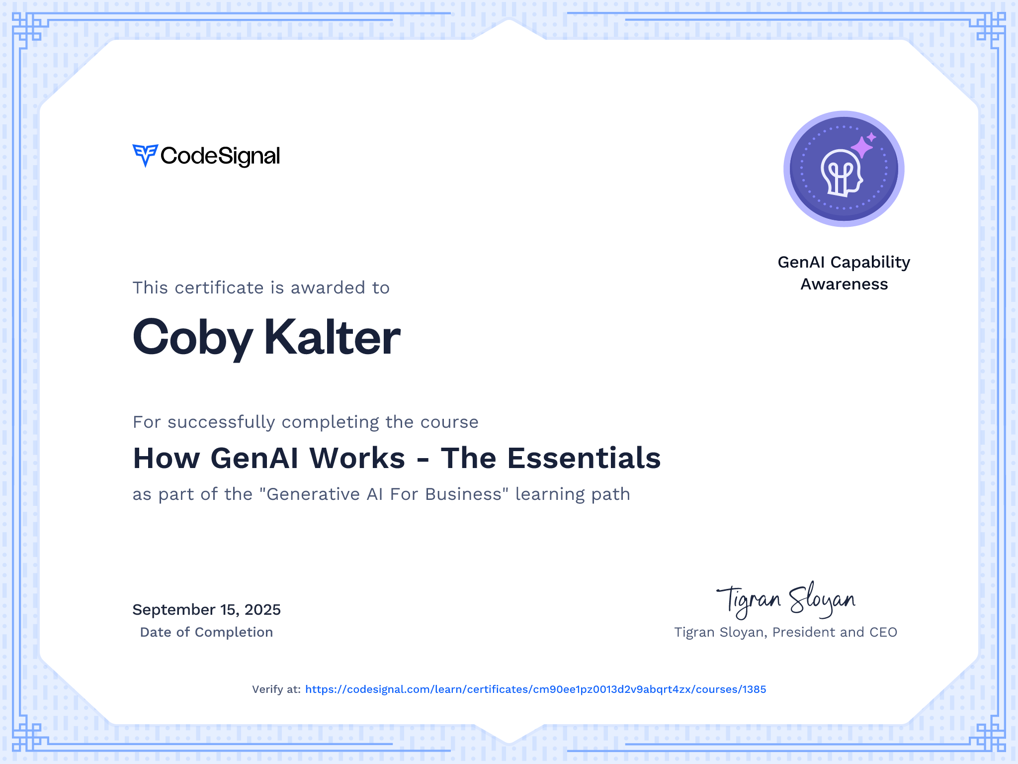 Course Certificate for How GenAI Works - The Essentials
