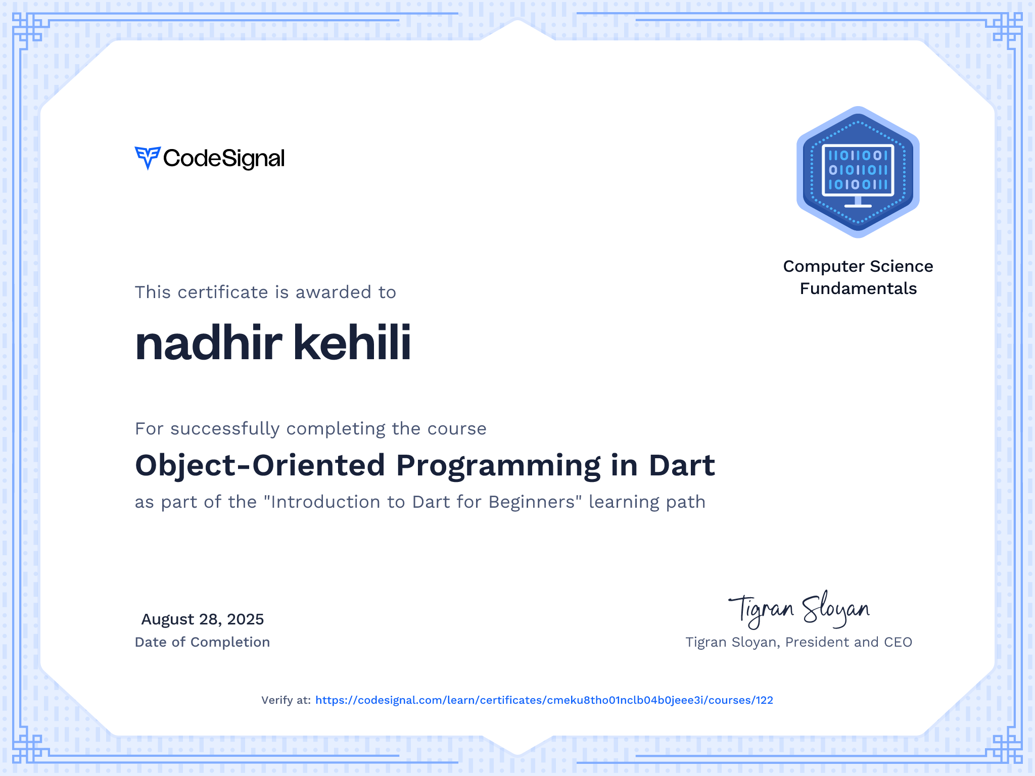 Course certificate for Object-Oriented Programming in Dart | CodeSignal ...