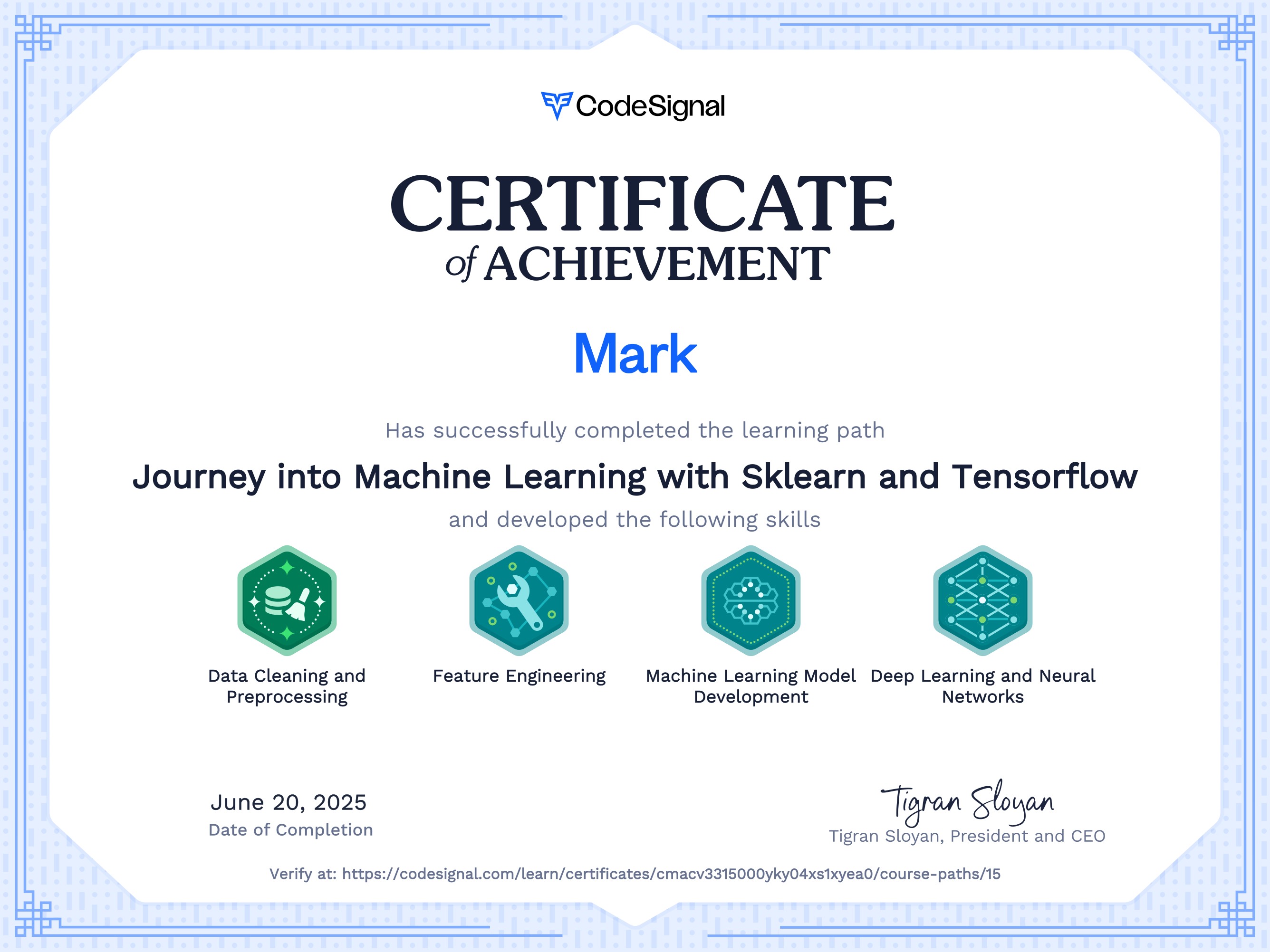 Path Certificate for Journey into Machine Learning with Sklearn and Tensorflow