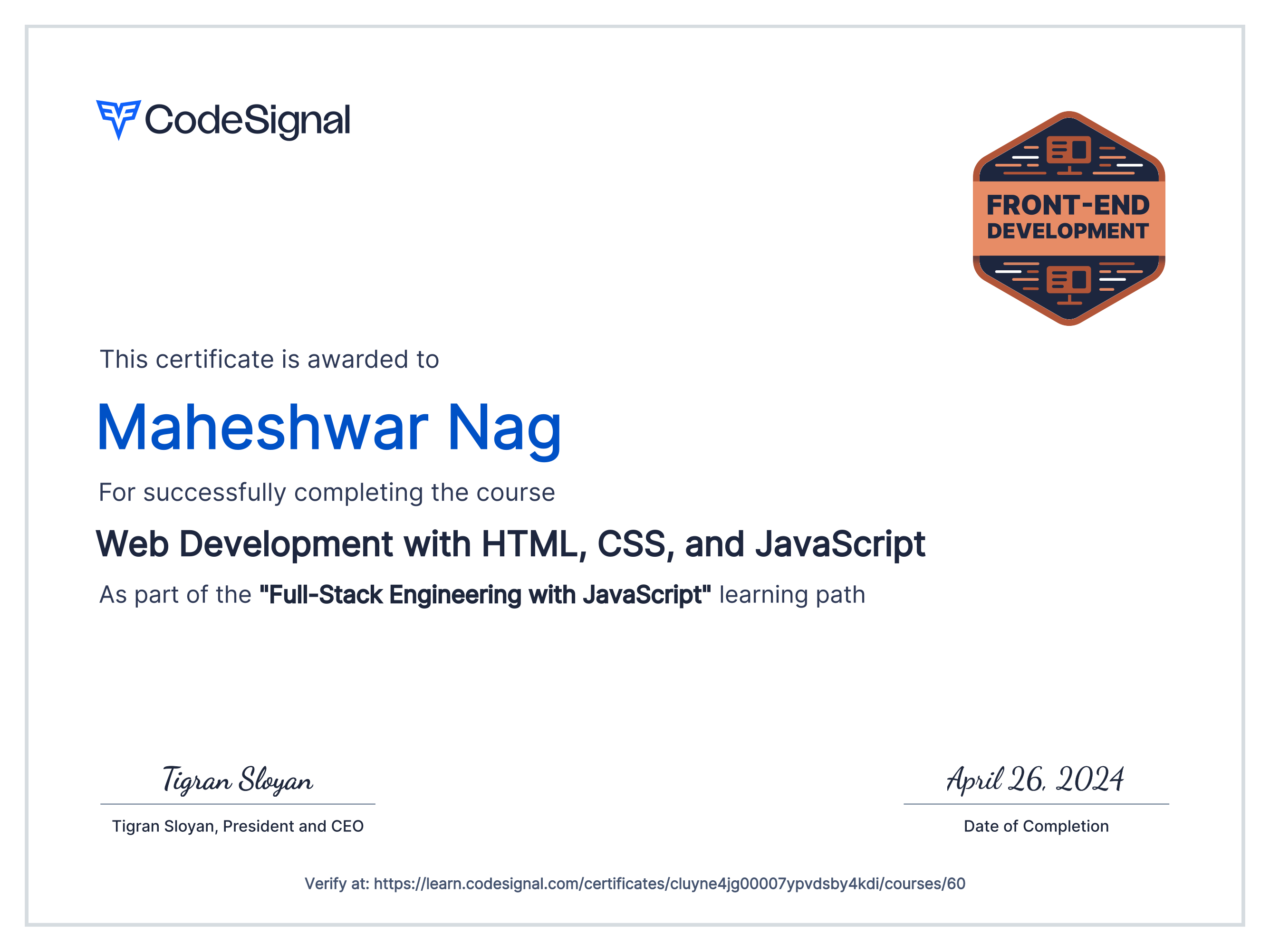 Course certificate for Web Development with HTML, CSS, and JavaScript ...