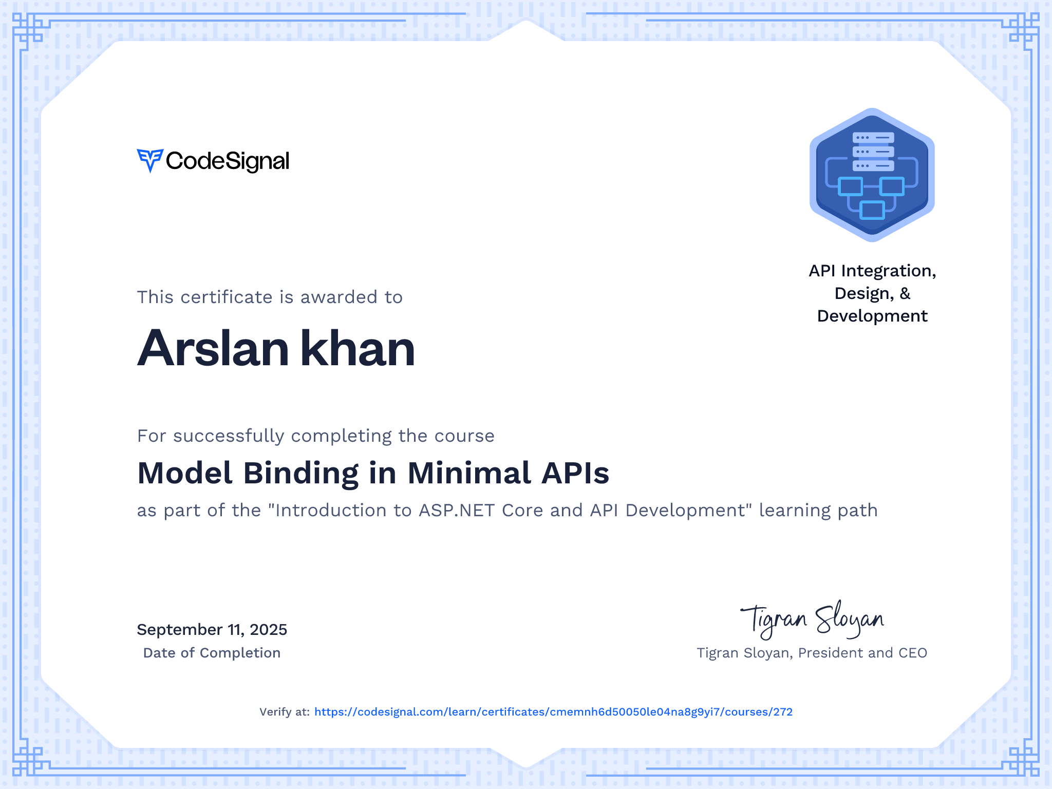 Course certificate for Model Binding in Minimal APIs | CodeSignal Learn