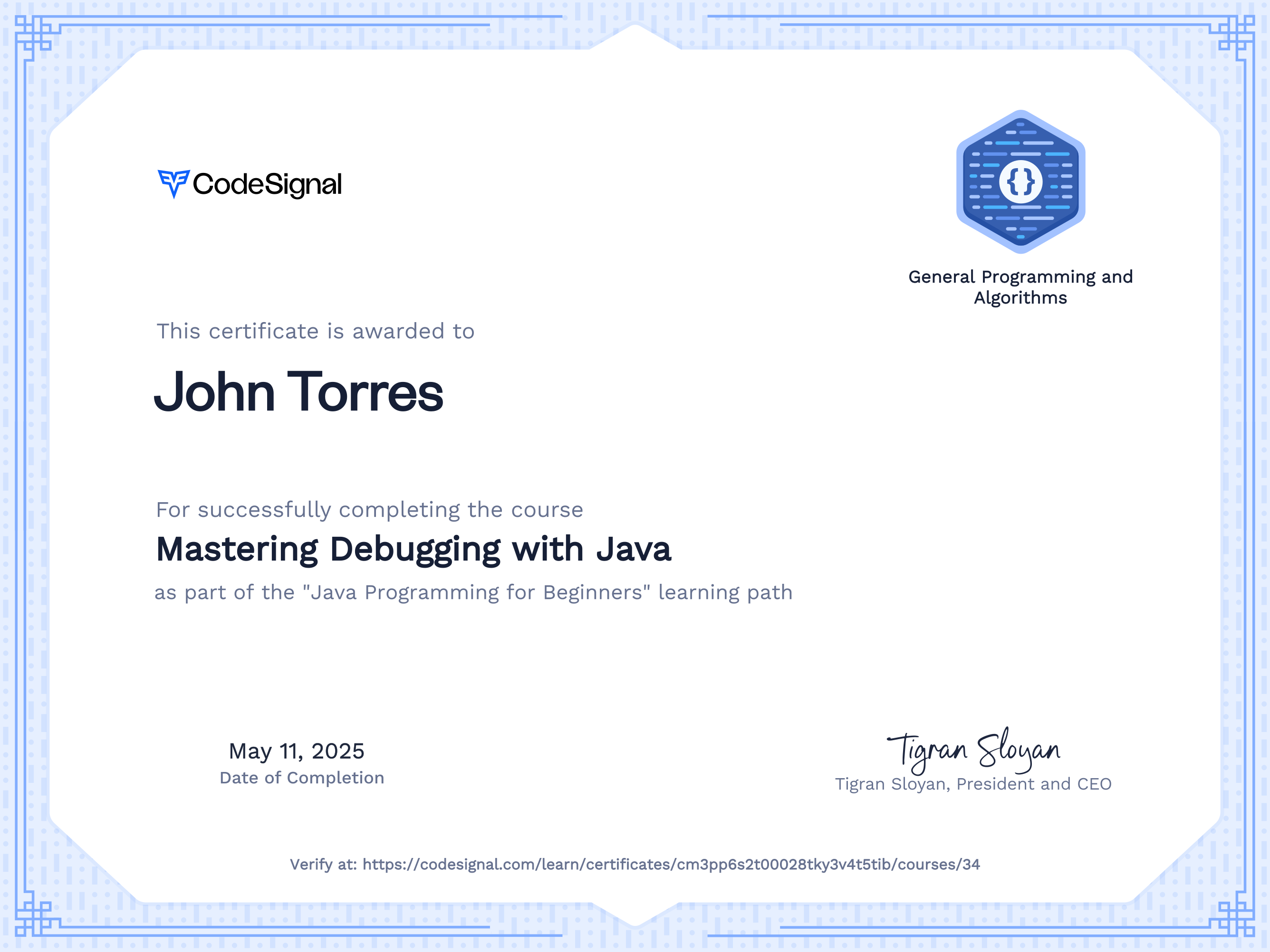 Course Certificate for Mastering Debugging with Java