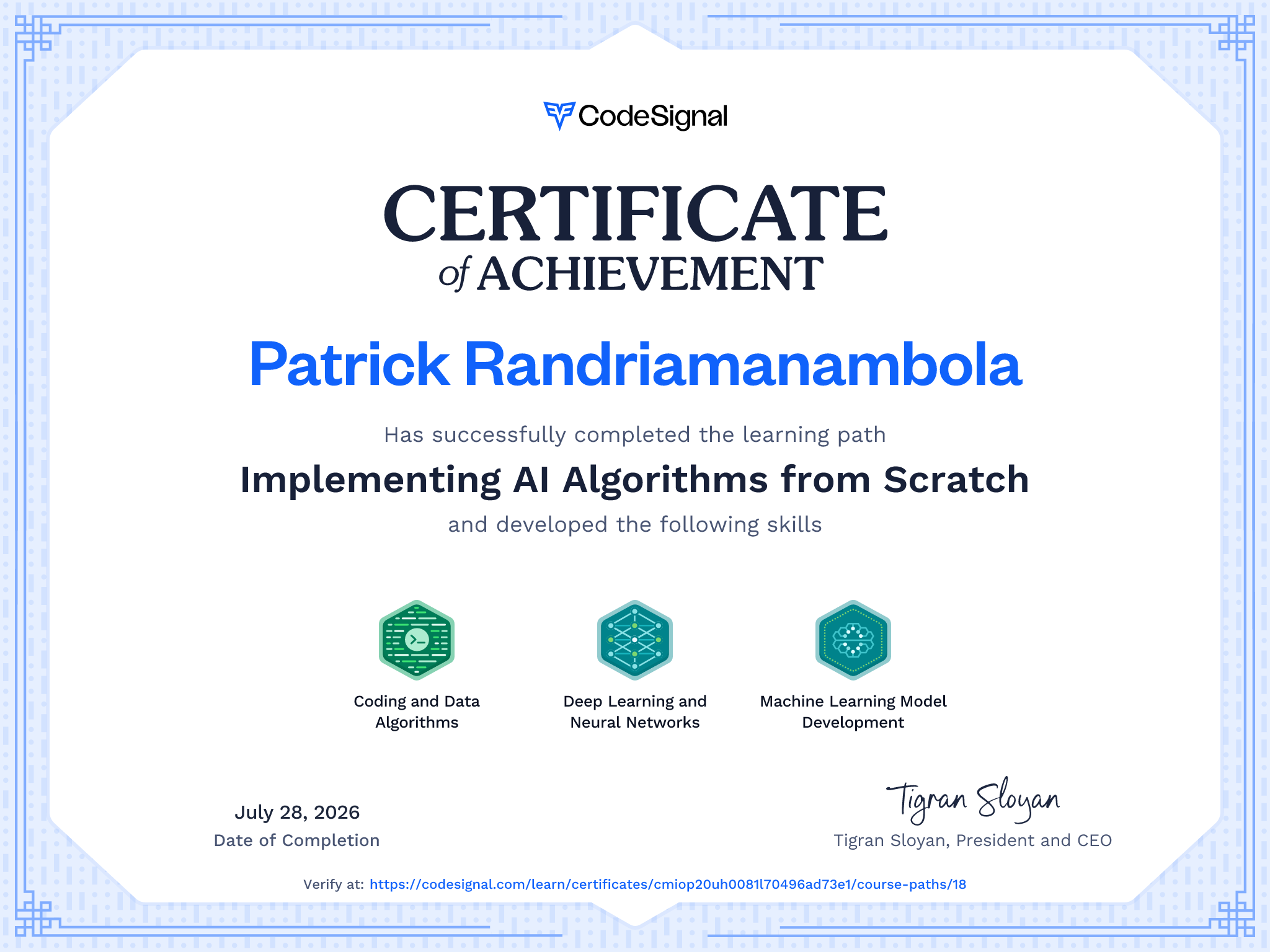 Path Certificate for Implementing AI Algorithms from Scratch