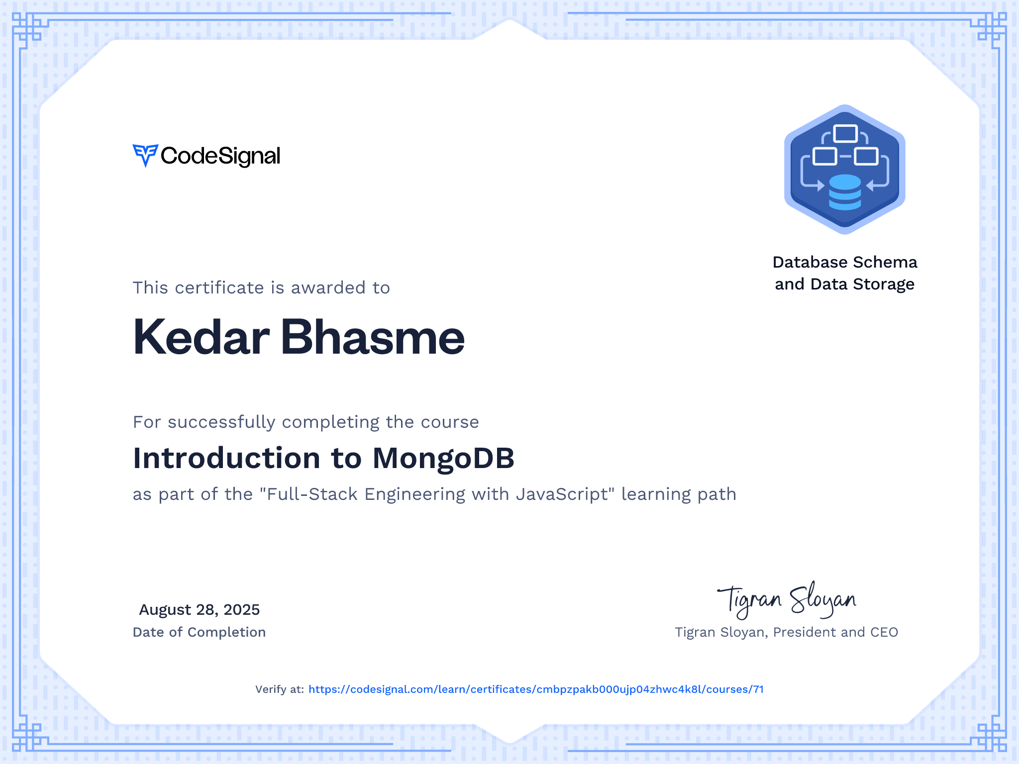 Course certificate for Introduction to MongoDB | CodeSignal Learn