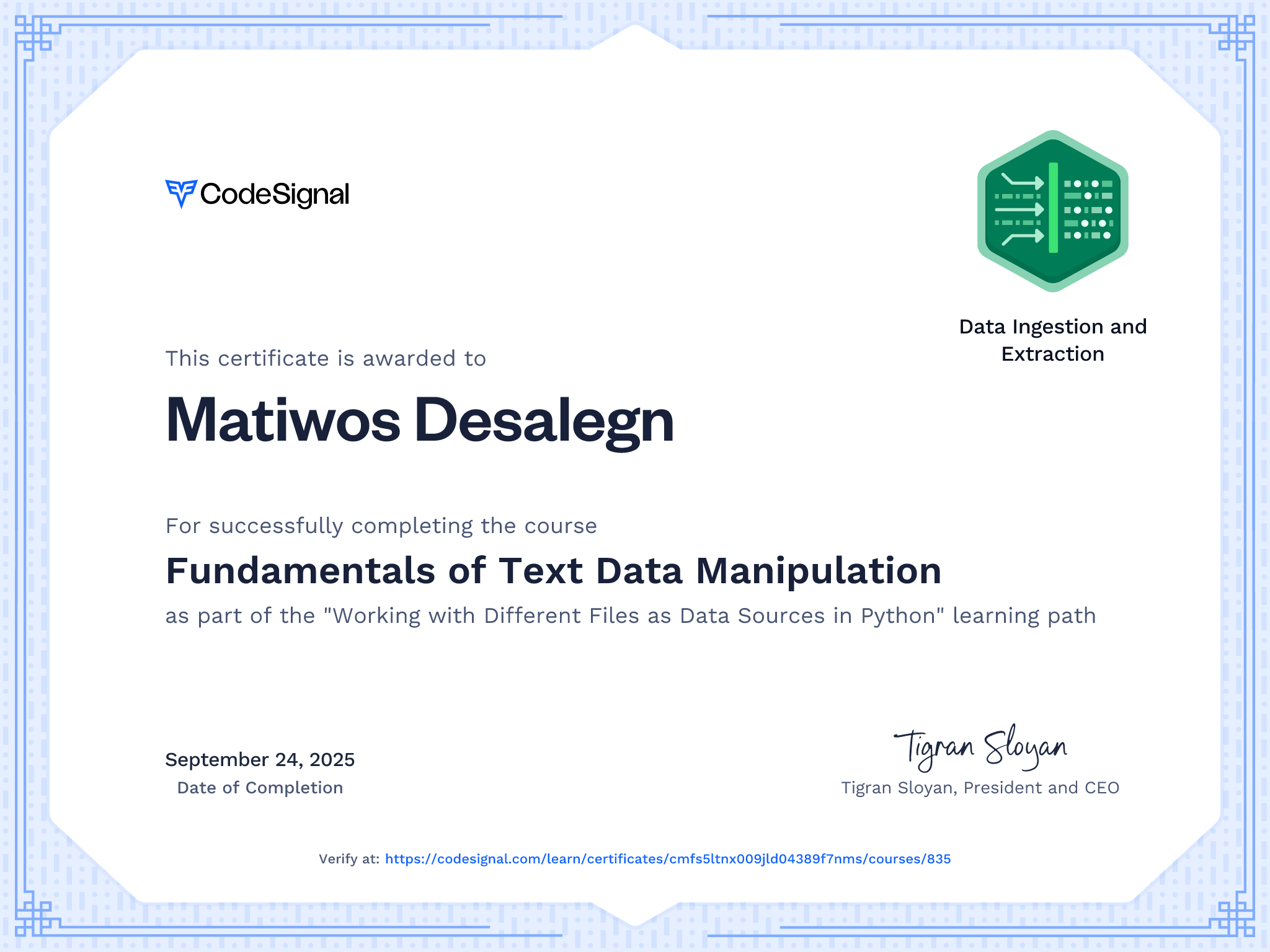 Course Certificate for Fundamentals of Text Data Manipulation