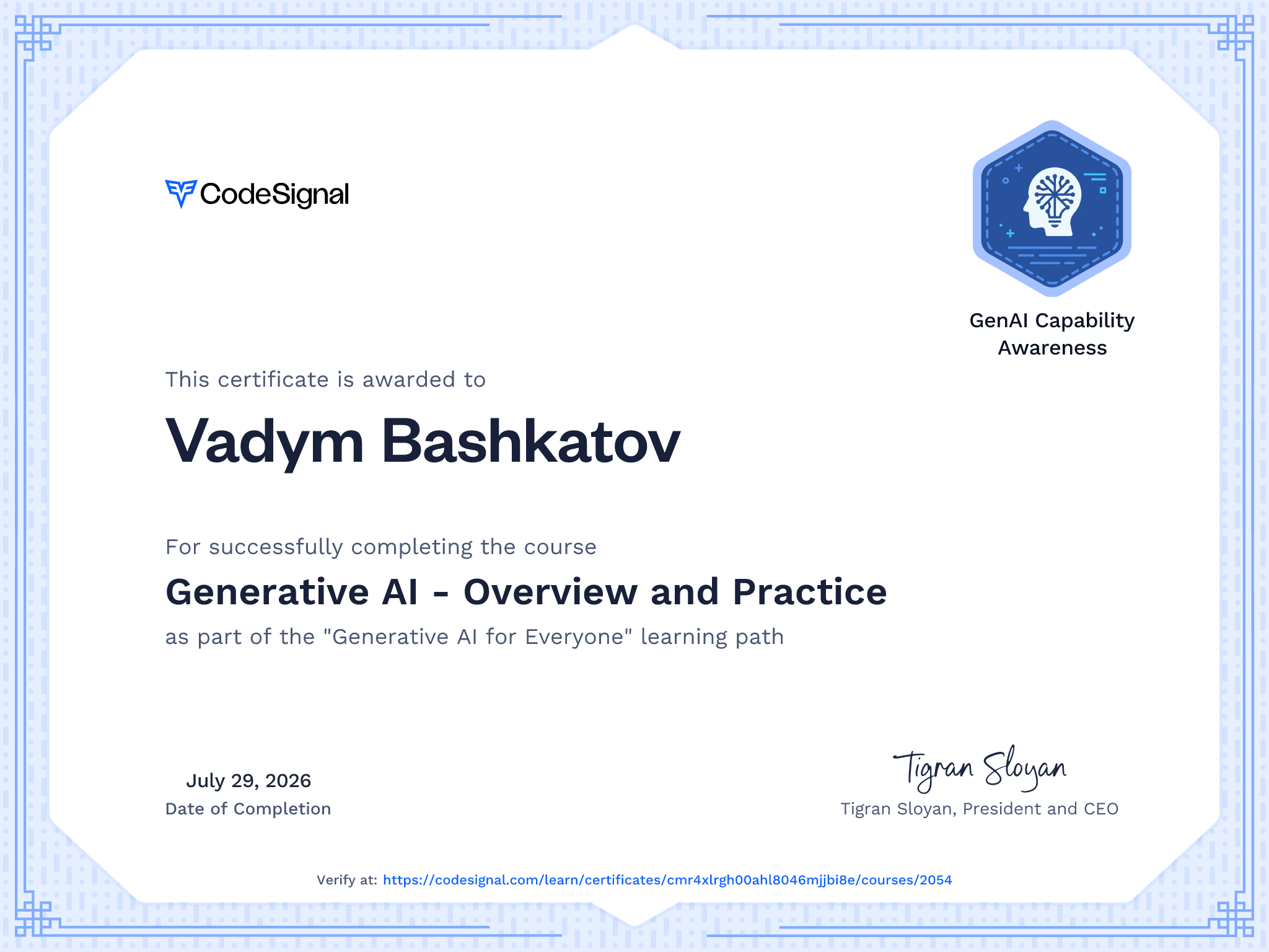 Course Certificate for Generative AI - Overview and Practice