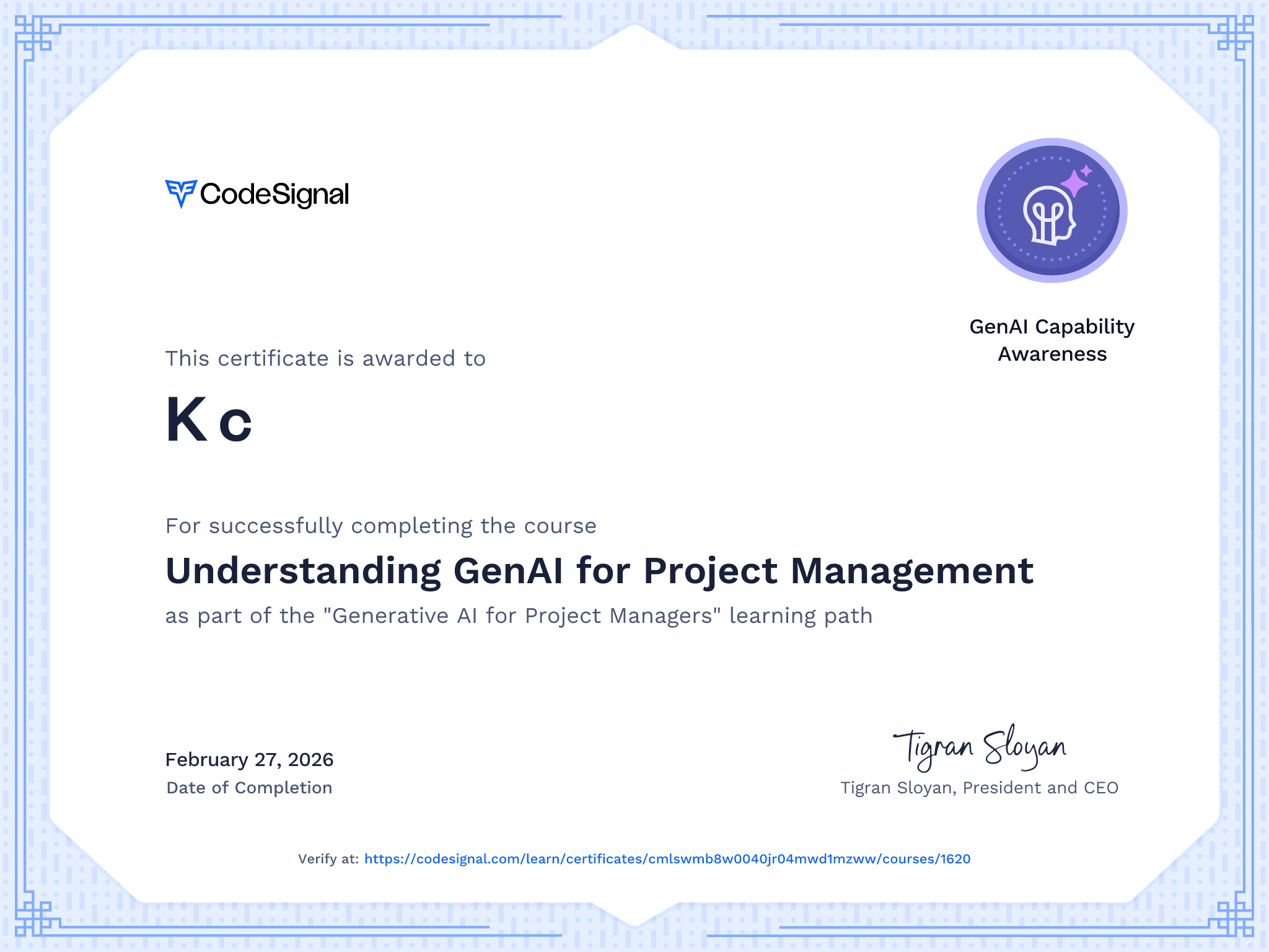 Course Certificate for Understanding GenAI for Project Management