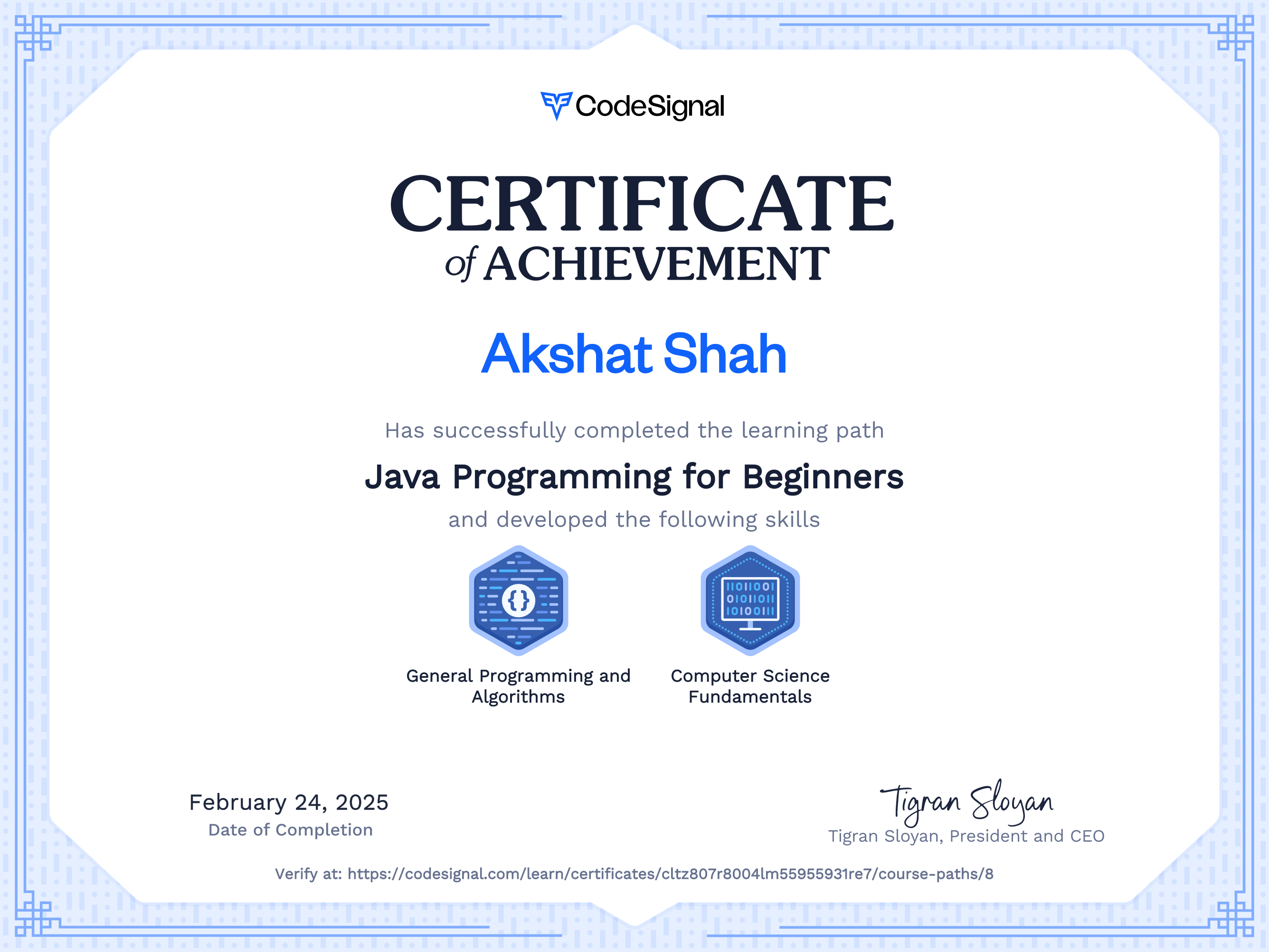 Path Certificate for Java Programming for Beginners