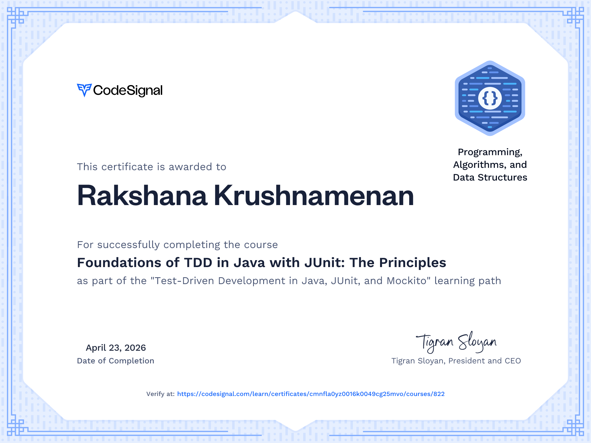 Course certificate for Foundations of TDD in Java with JUnit: The ...