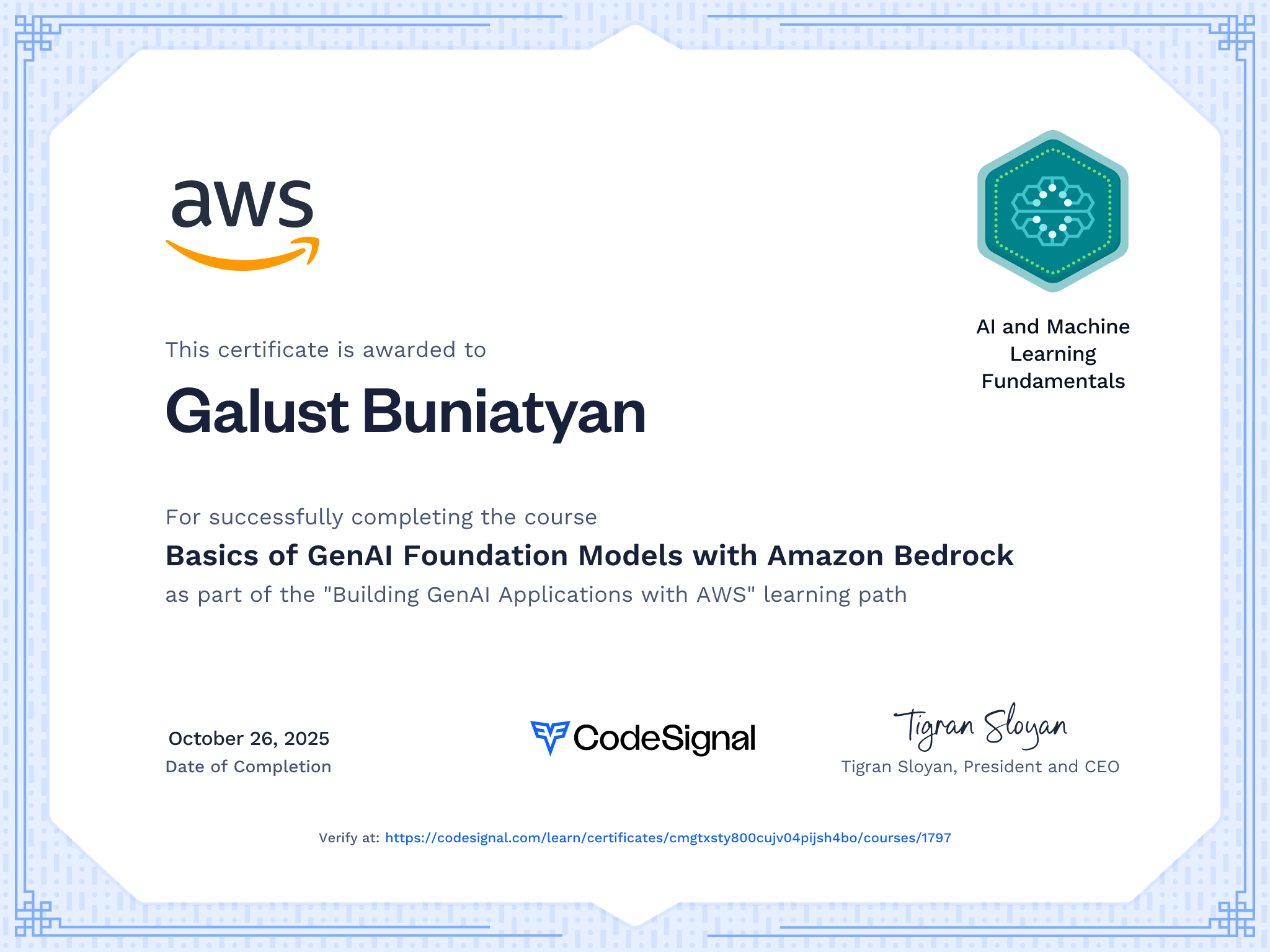 Course certificate for Basics of GenAI Foundation Models with Amazon ...