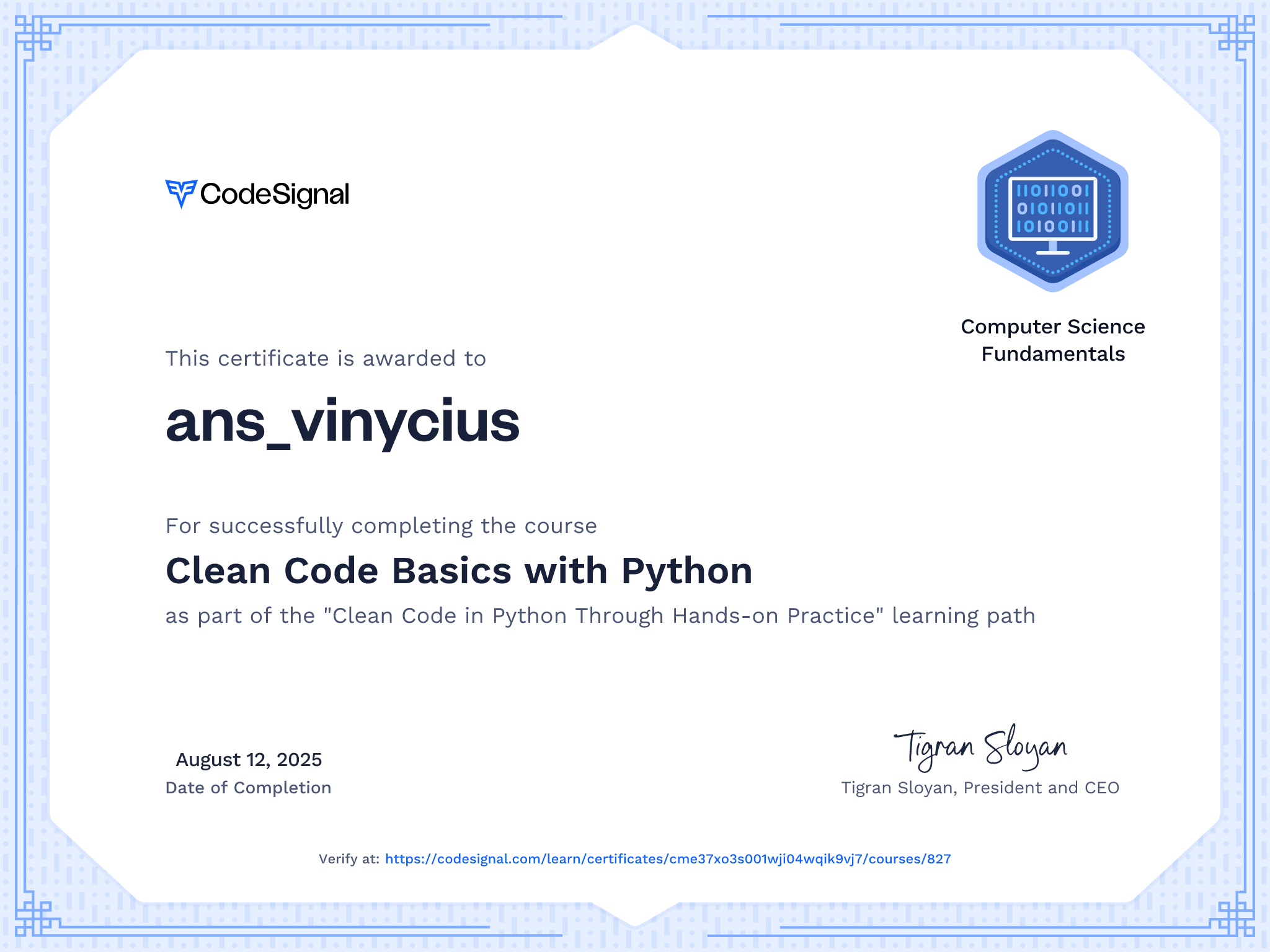 Course certificate for Clean Code Basics with Python | CodeSignal Learn