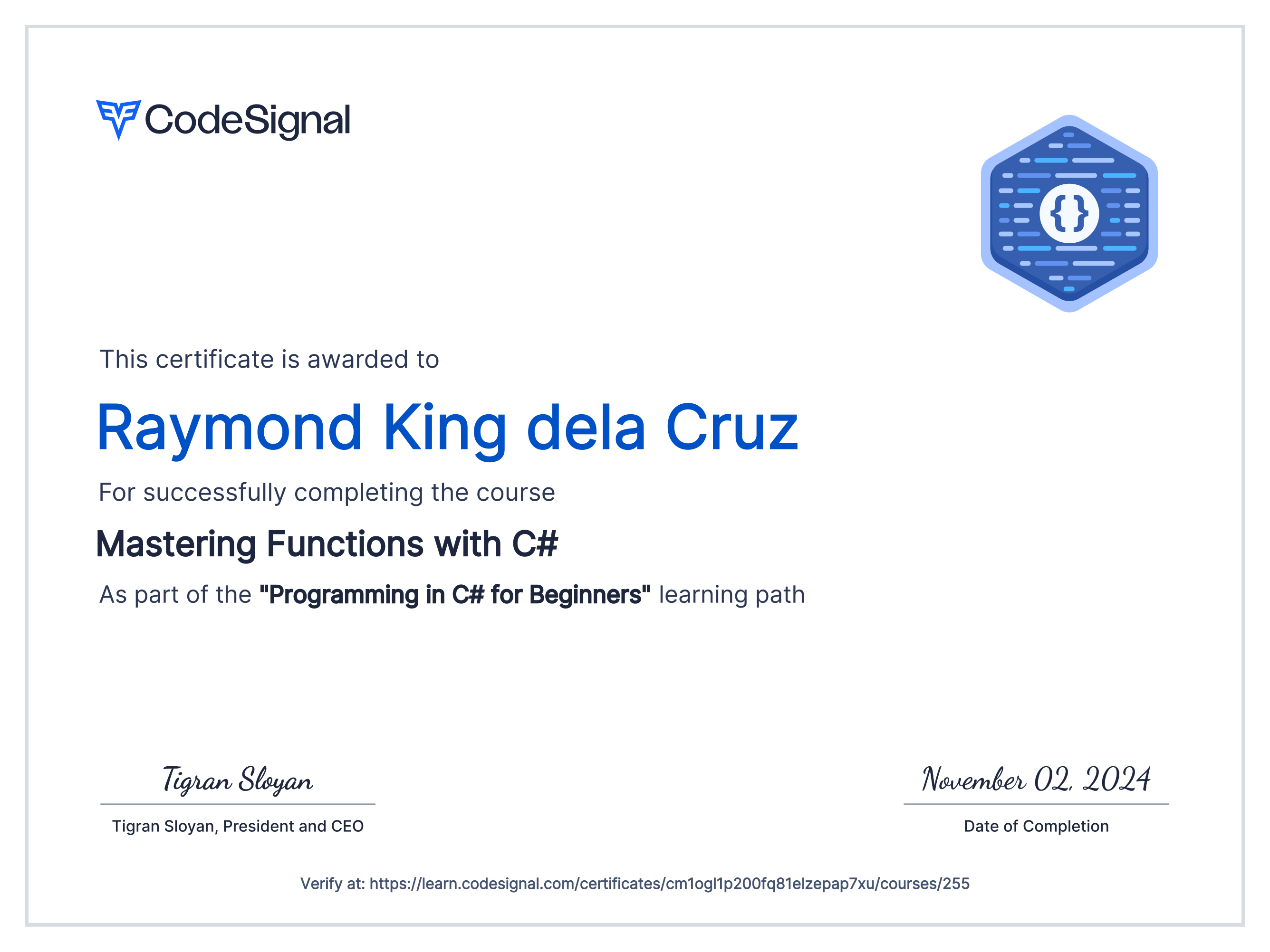 Course certificate for Mastering Functions with C# | CodeSignal Learn