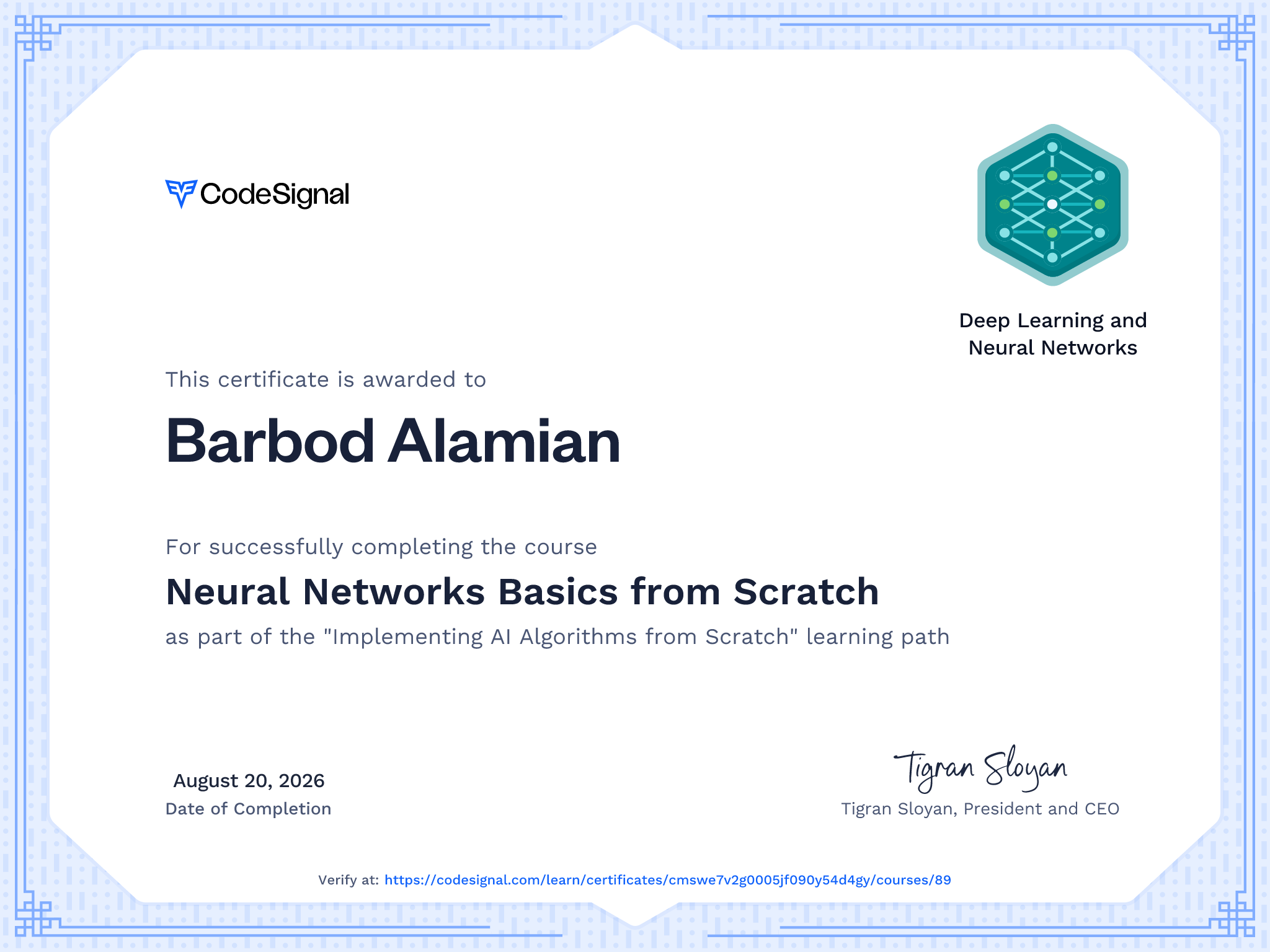 Course Certificate for Neural Networks Basics from Scratch
