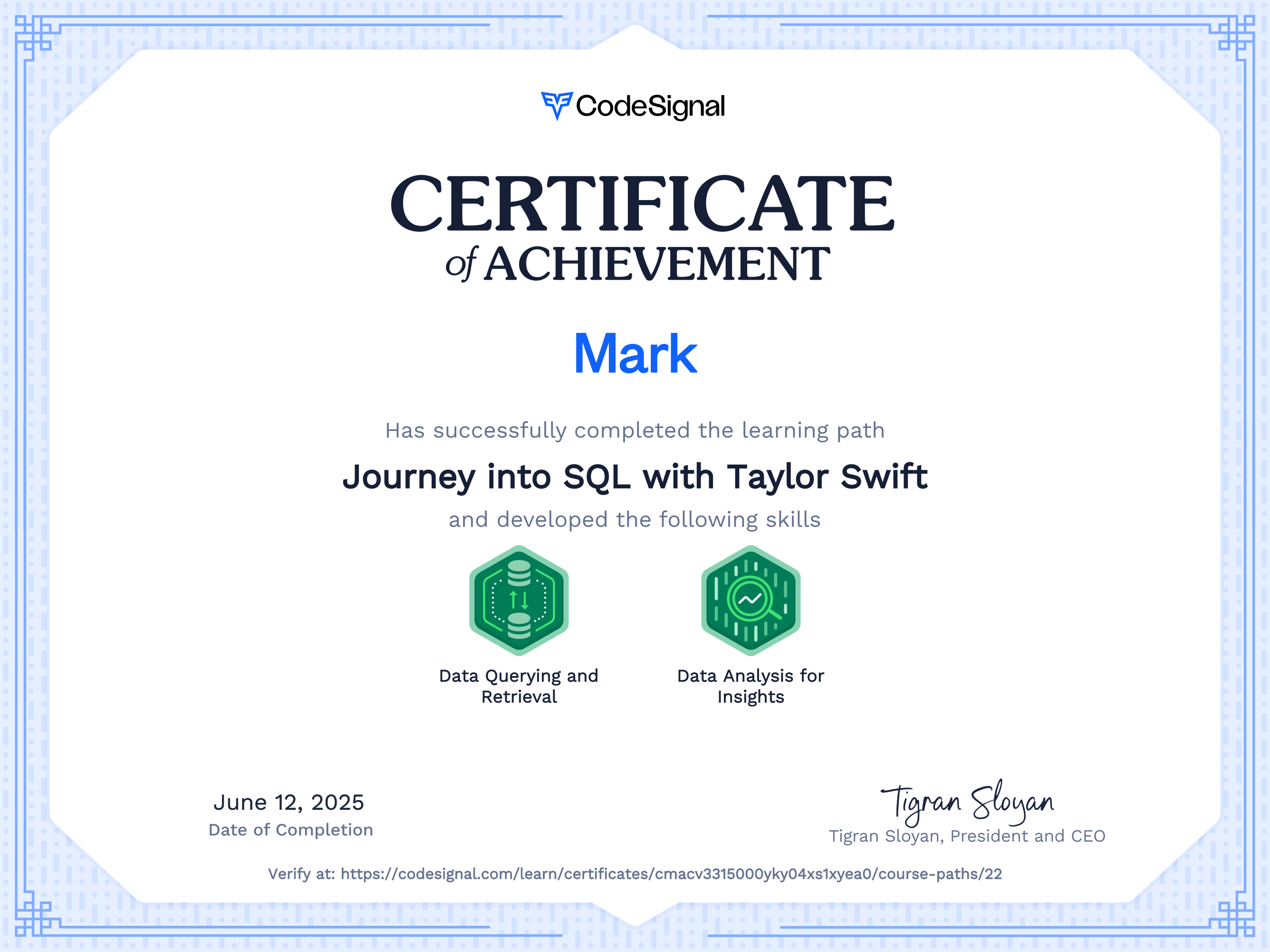 Path Certificate for Journey into SQL with Taylor Swift