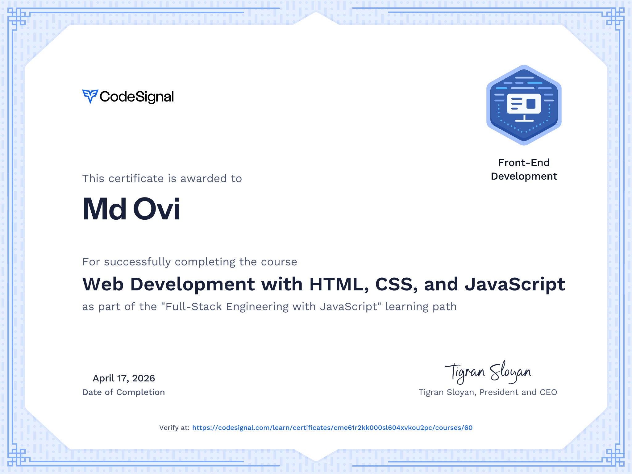 Course certificate for Web Development with HTML, CSS, and JavaScript ...