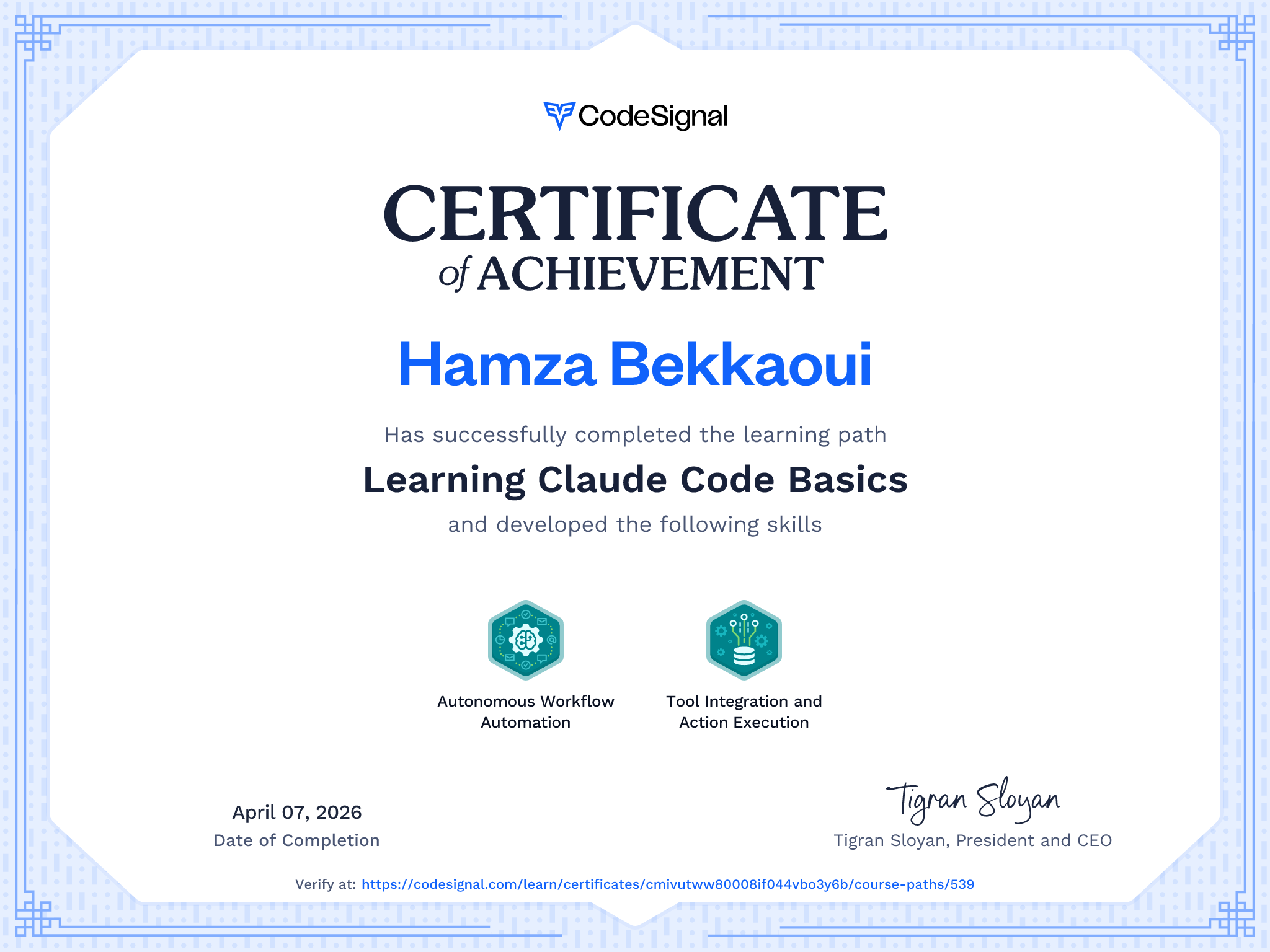 Path certificate for Learning Claude Code Basics | CodeSignal Learn
