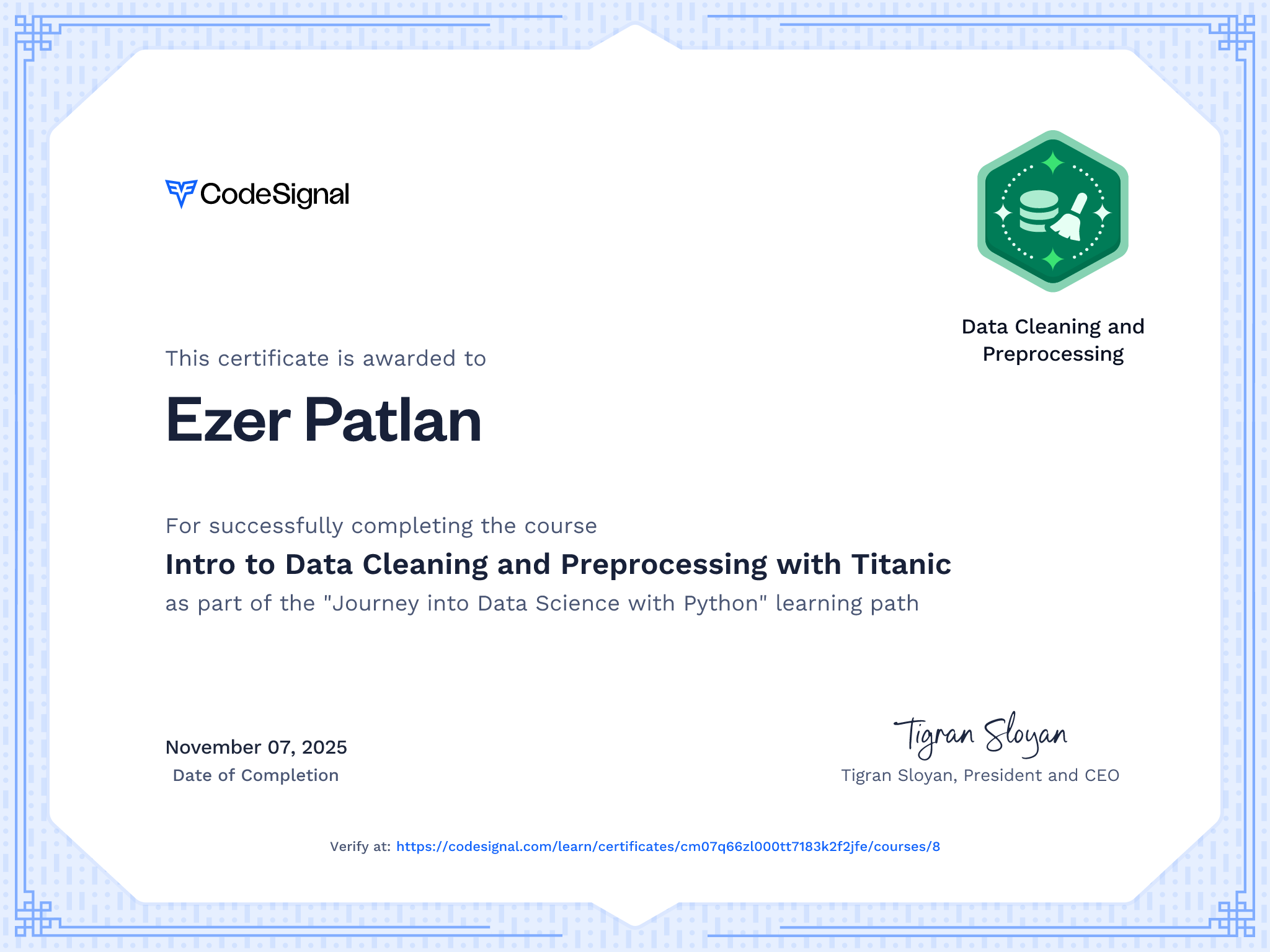 Course Certificate for Intro to Data Cleaning and Preprocessing with Titanic