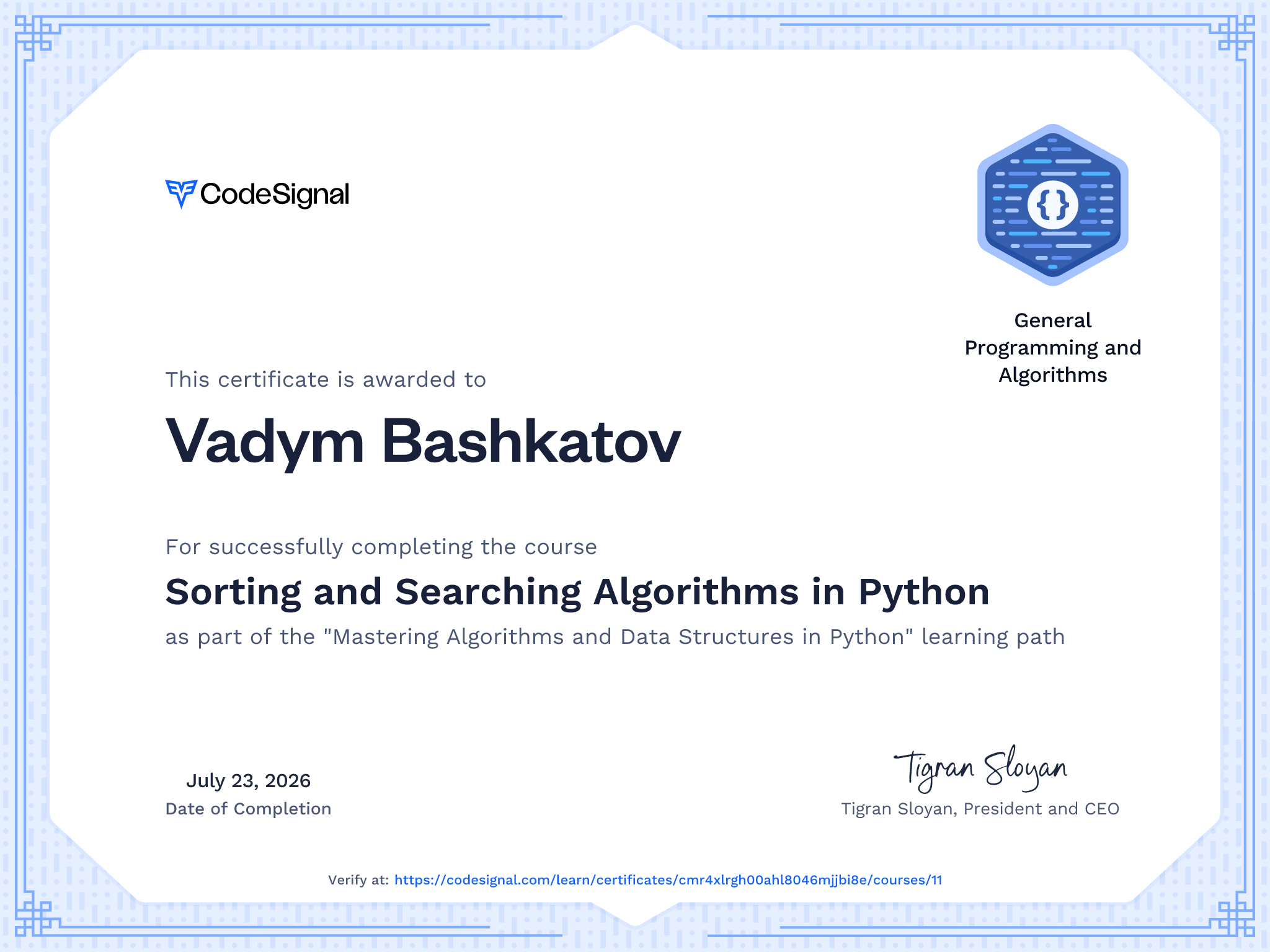 Course Certificate for Sorting and Searching Algorithms in Python