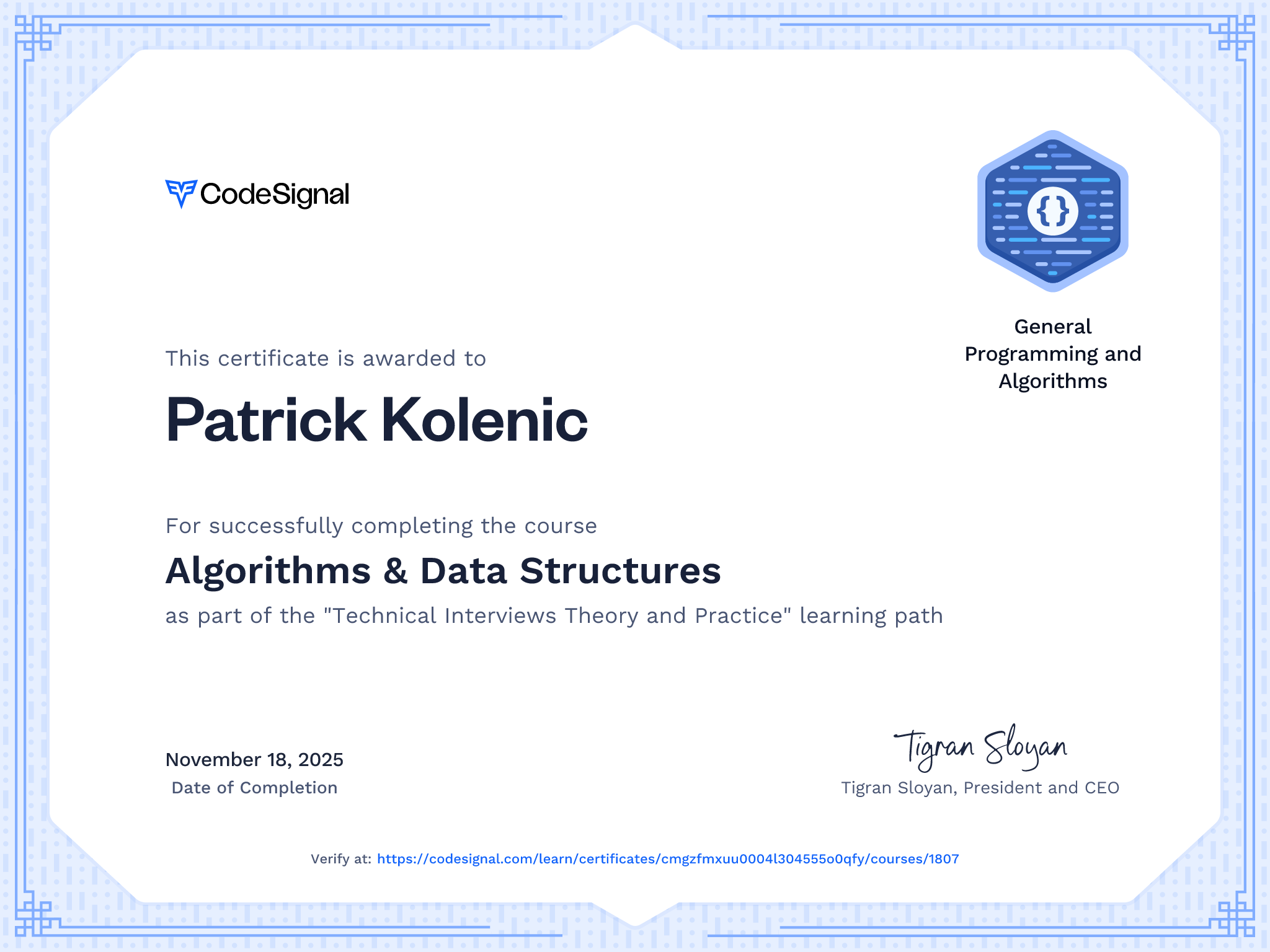 Course certificate for Algorithms & Data Structures | CodeSignal Learn