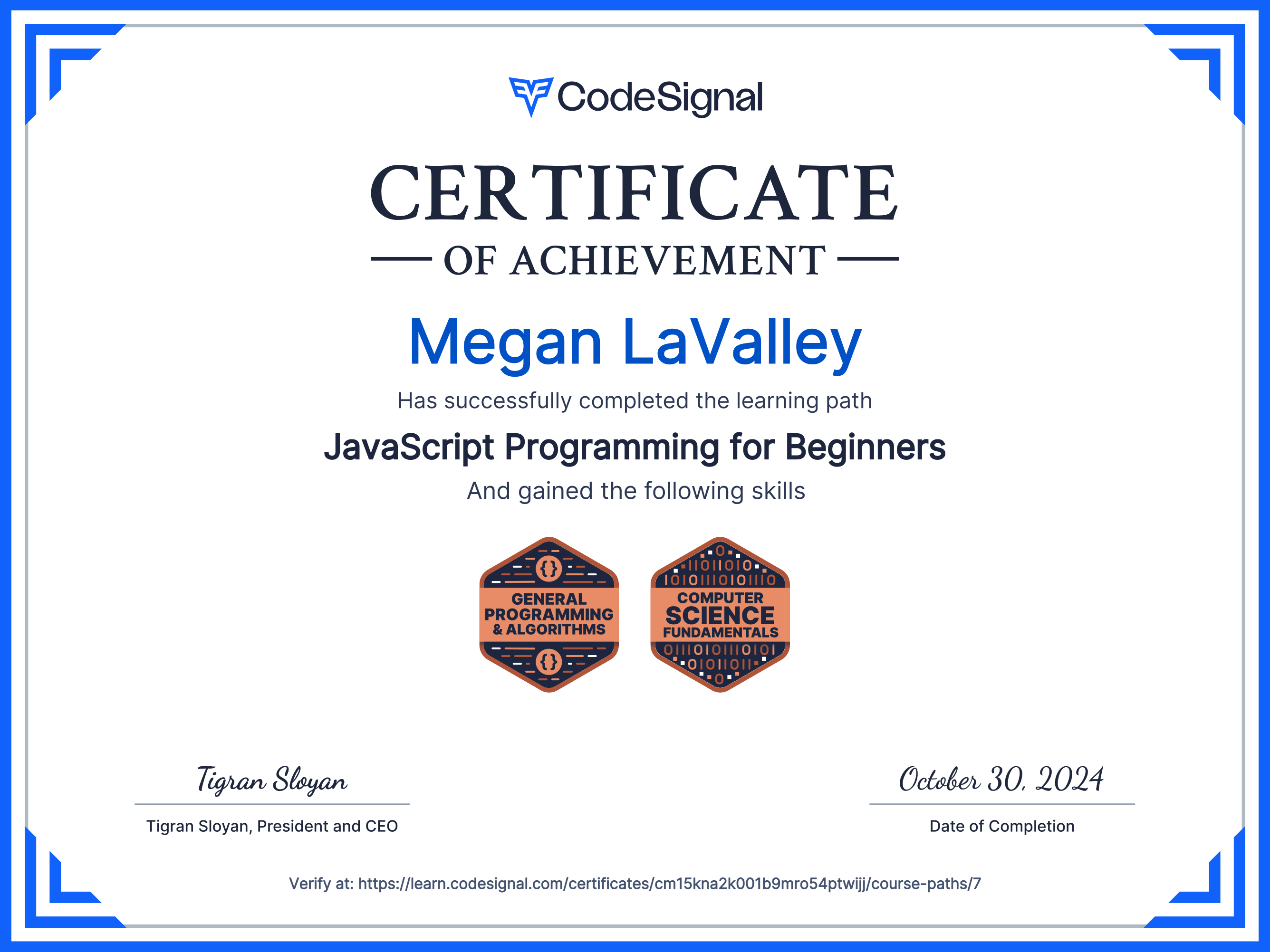 Path Certificate for JavaScript Programming for Beginners