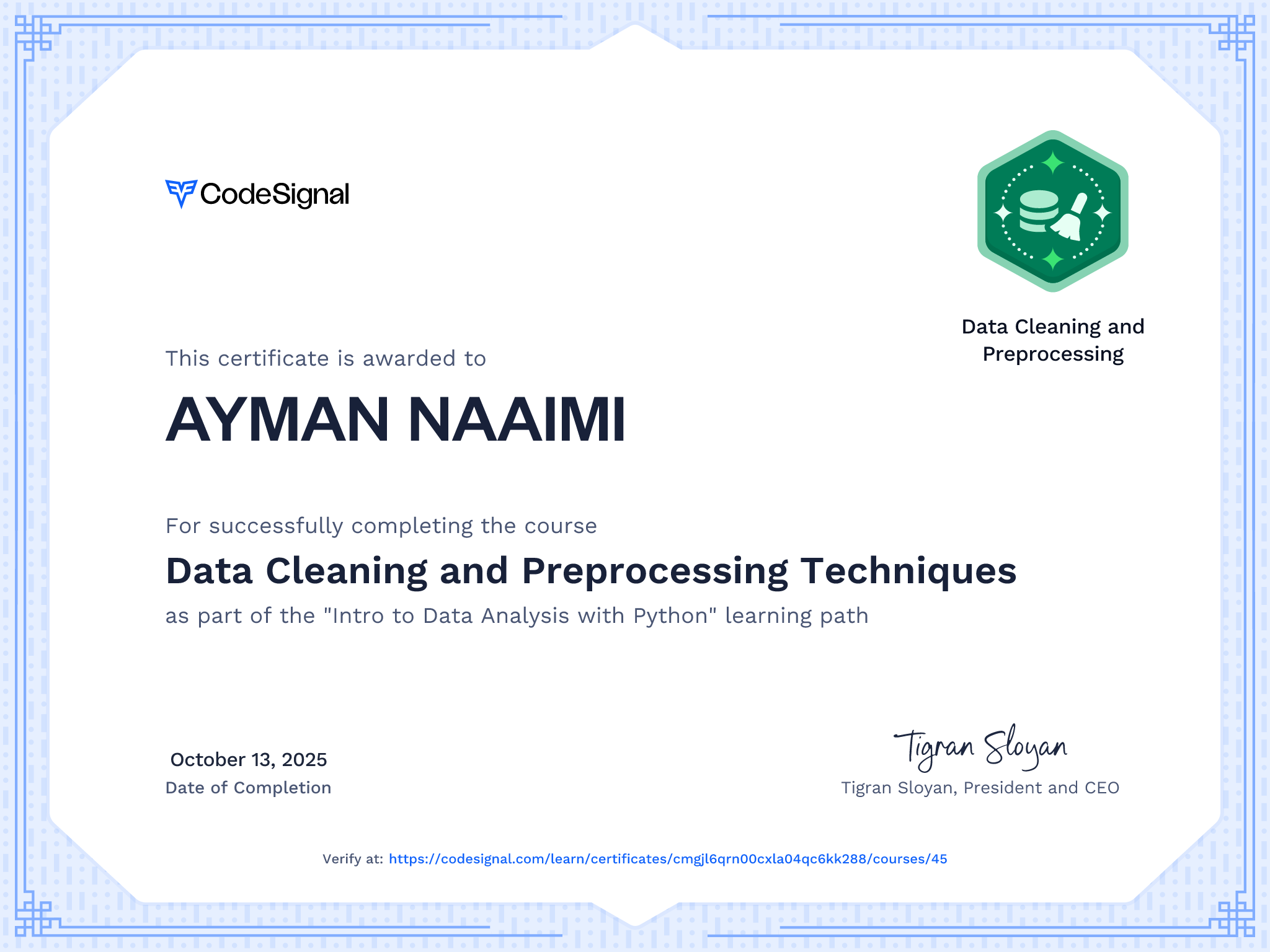 Course certificate for Data Cleaning and Preprocessing Techniques ...