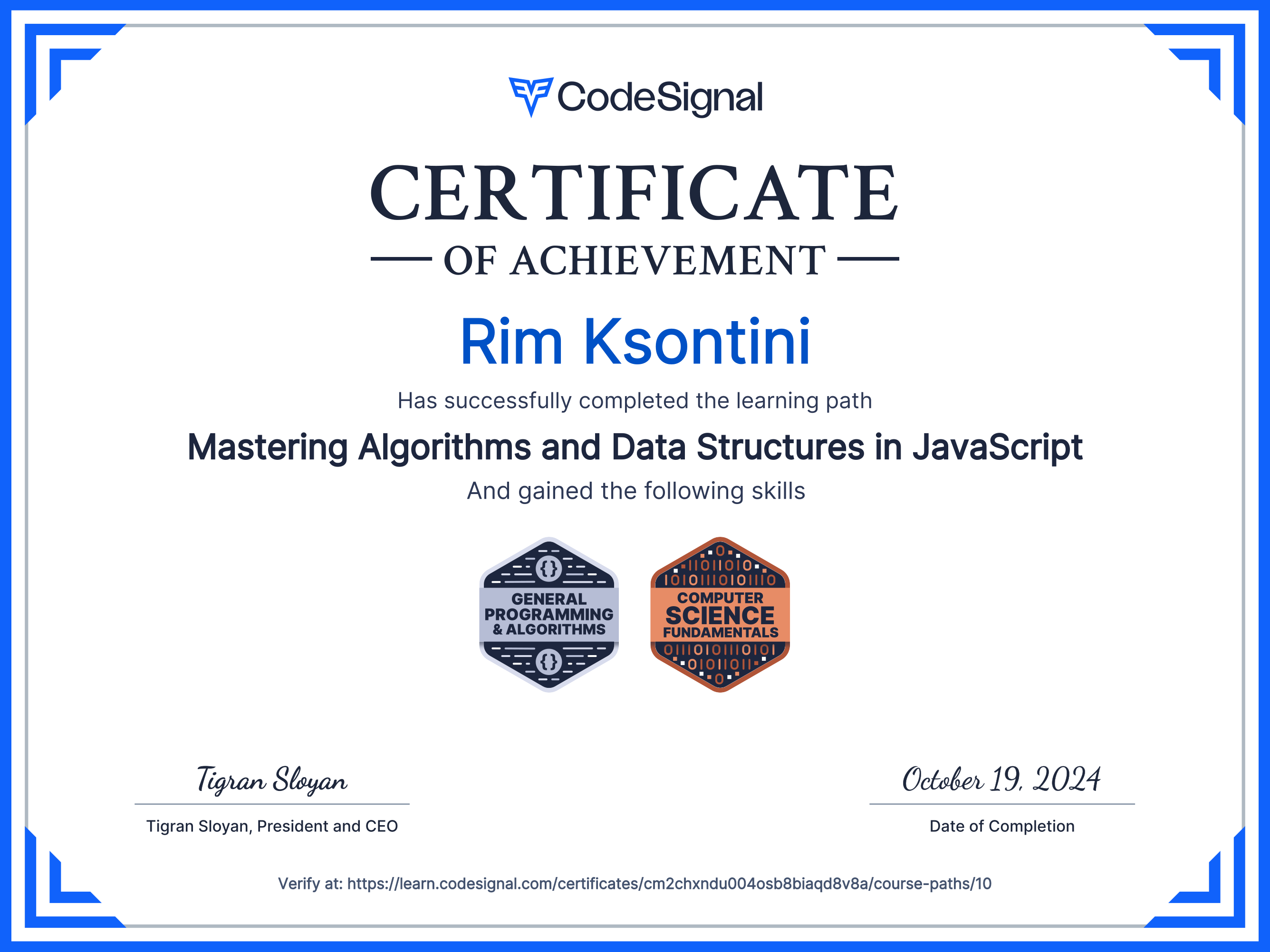 Path certificate for Mastering Algorithms and Data Structures in ...