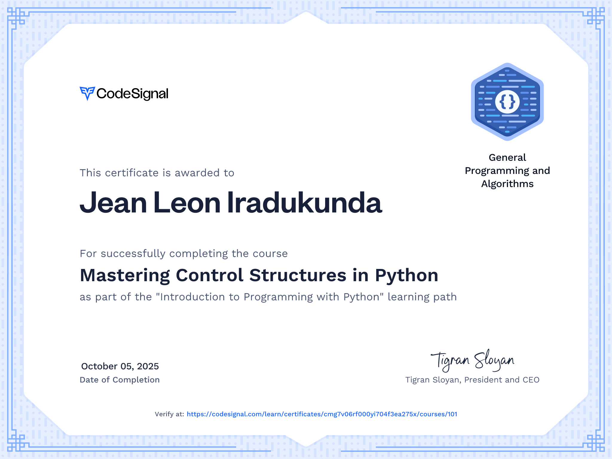 Course certificate for Mastering Control Structures in Python ...